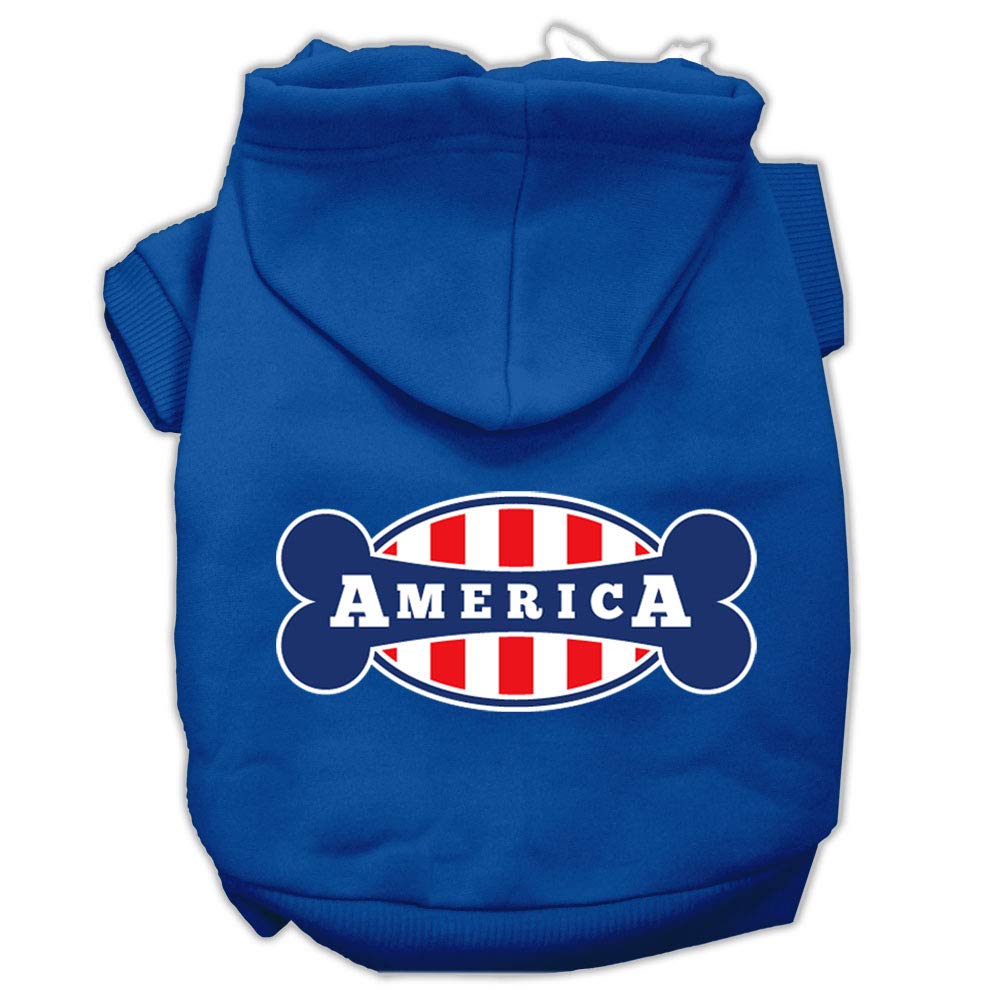 Pet, Dog & Cat Hoodie Screen Printed, 'Bonely In America' Blue Xs (0-3 Lbs.)