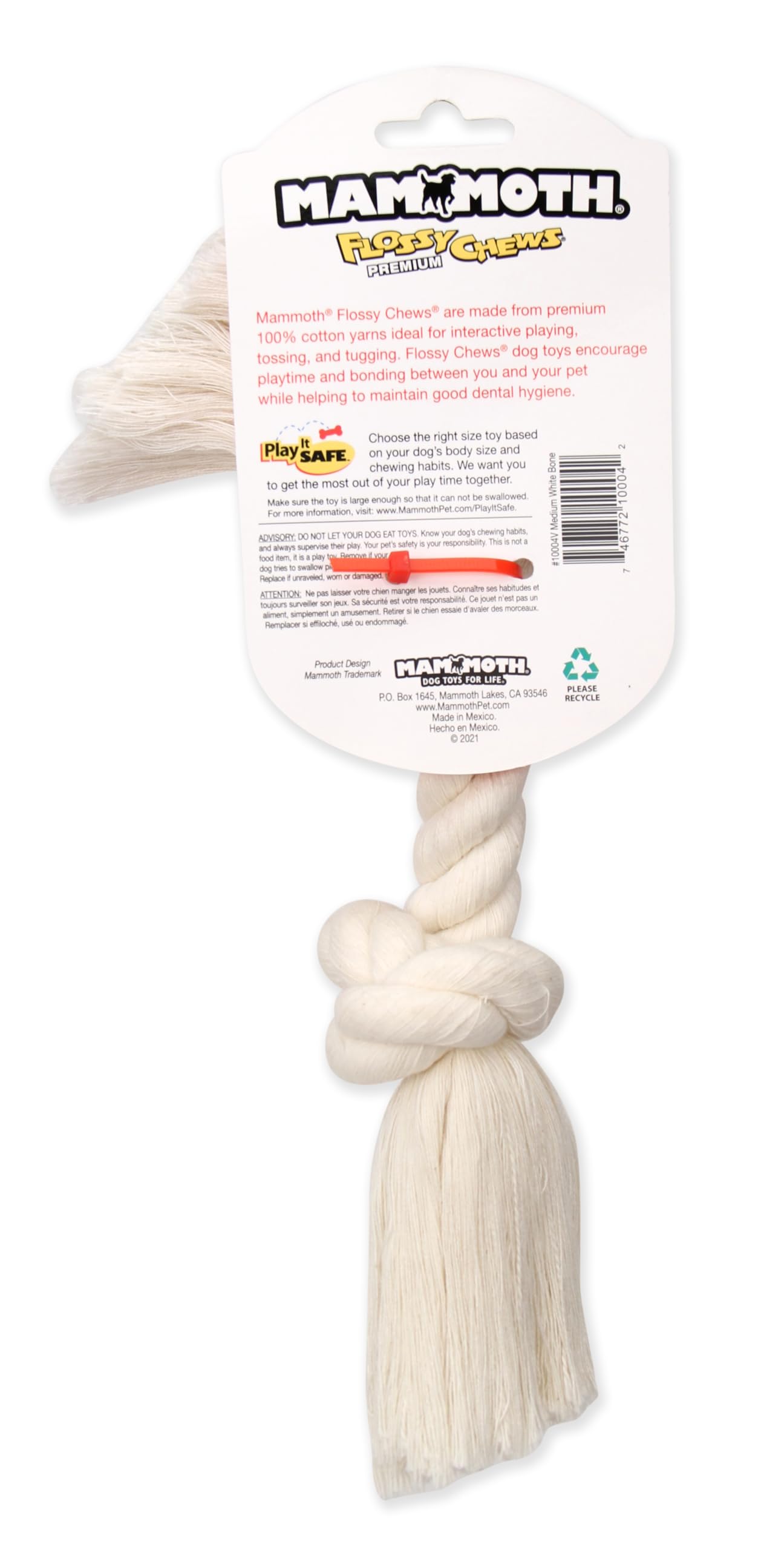 Mammoth Pet Products Dog Flossy Chews 100-Percent Cotton White Rope Bone, Medium, 12-Inch (10004V), All Breed Sizes