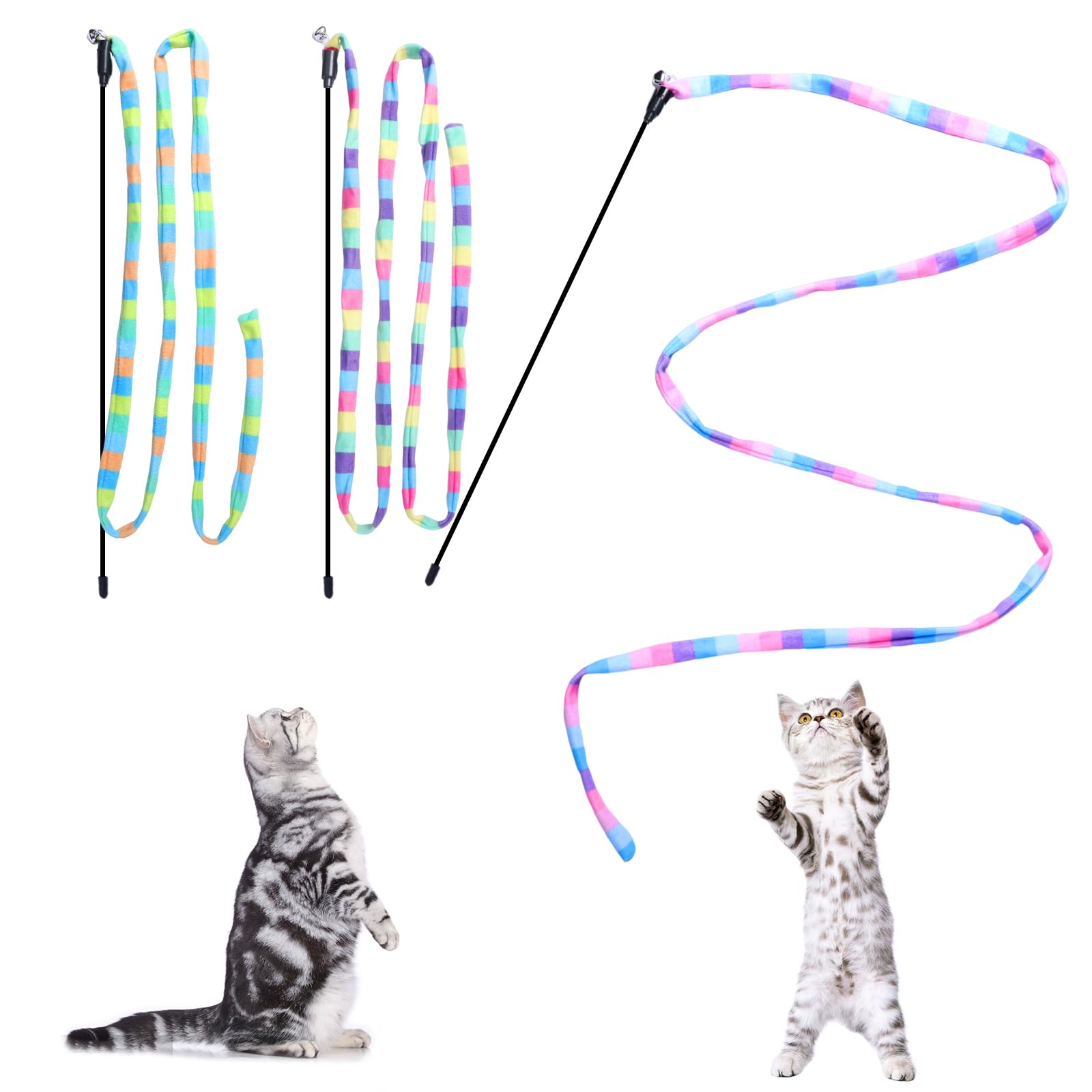 M Jjypet Cat Wand Toys Interactive Kitten Toys Cat Teaser Wand String Feather For Indoor Colorful Ribbon Wands Stick Toy Cat Cha