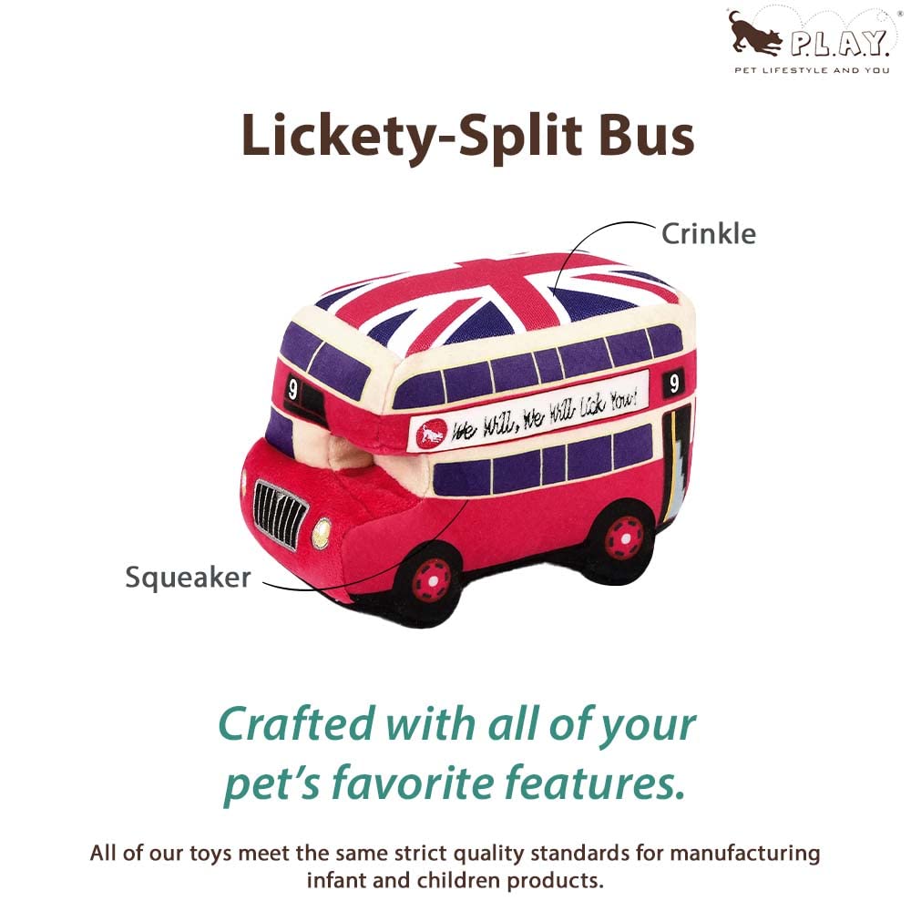 P.L.A.Y. Cute Plush Dog Toys - Canine Commute, Travel Themed Durable Squeaker Chew Toy, Great For Puppies & Small, Medium, Large Dog Breeds - Machine Washable, Recycled Materials (Lickety-Split Bus)