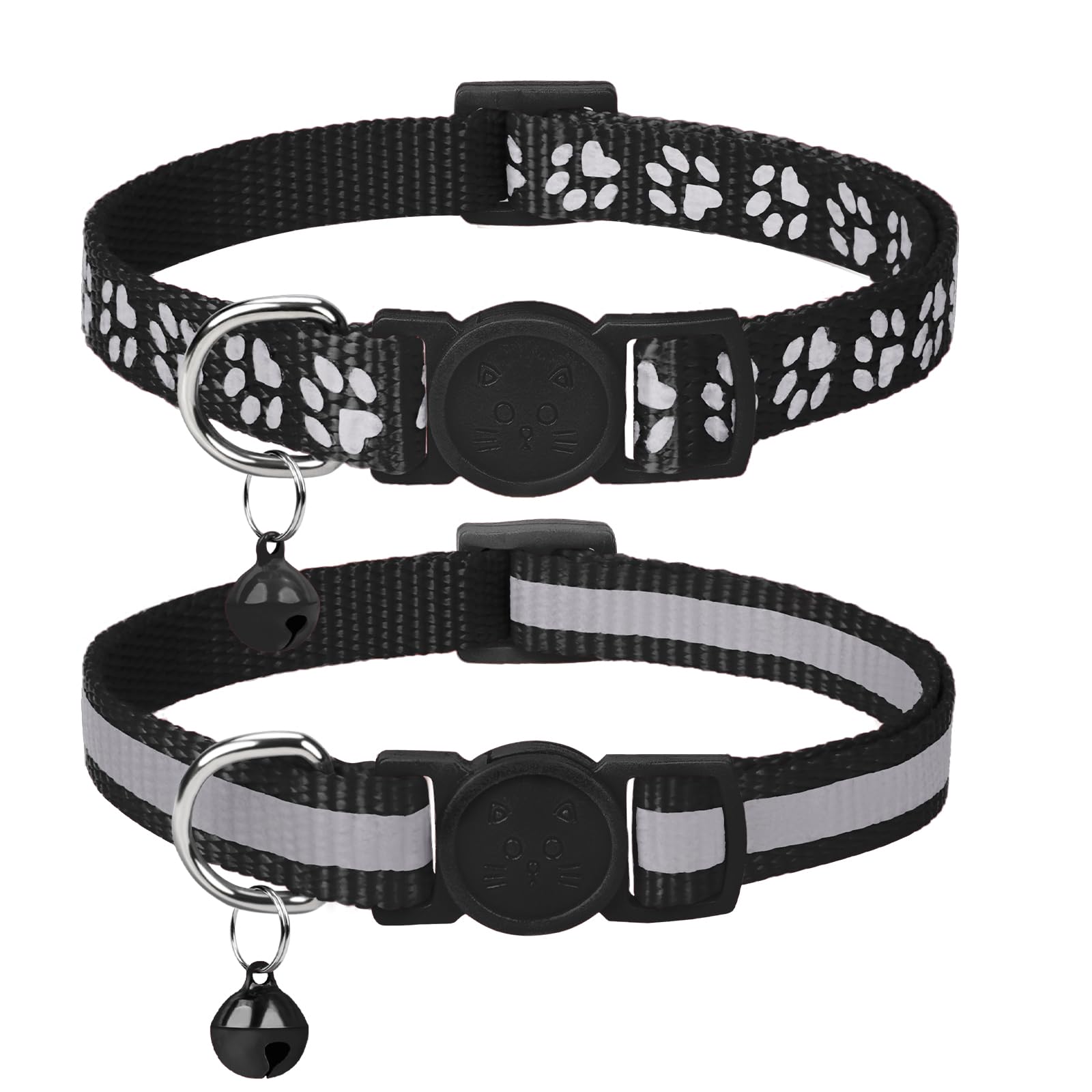 Taglory Reflective Cat Collars Breakaway With Bell, 2 Pack Girl Boy Pet Kitten Collar Adjustable 6-8 Inch, Black