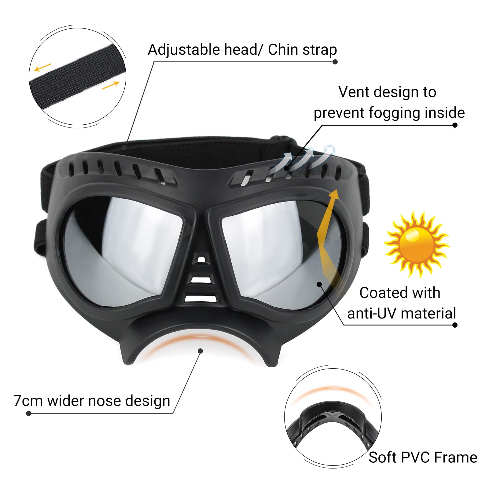 Namsan Dog Goggles For Small Dogs, Wide Nose, Soft Frame, Anti-Uv Tactical Dog Sunglasses Small To Medium Breed, Summer Driving Dog Eye Protection, Winter Snow Eyewear, Adjustable, Silver Lens