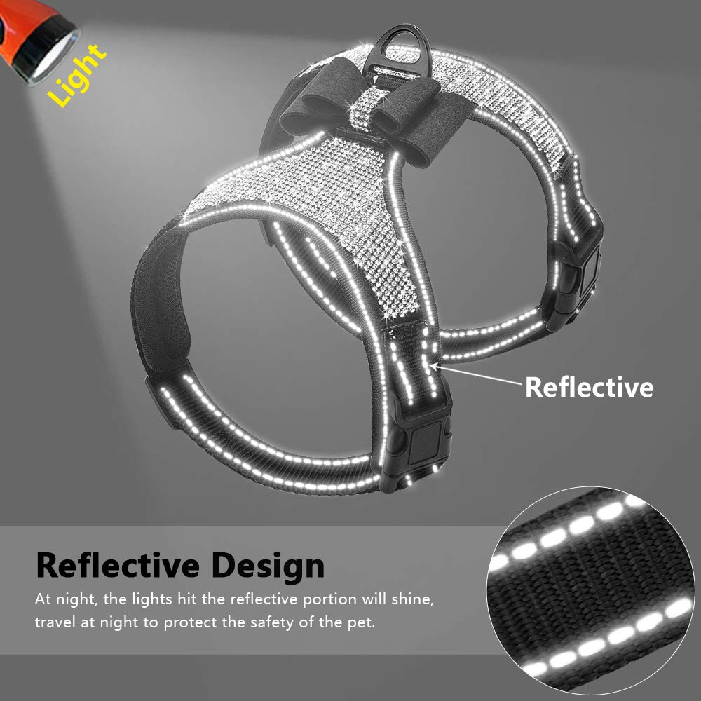 Beirui Rhinestone Dog Harness - Reflective Bling Nylon Dog Vest With Sparkly Bow Tie For Small Medium Large Dogs Walking,Party And Wedding,Black,S