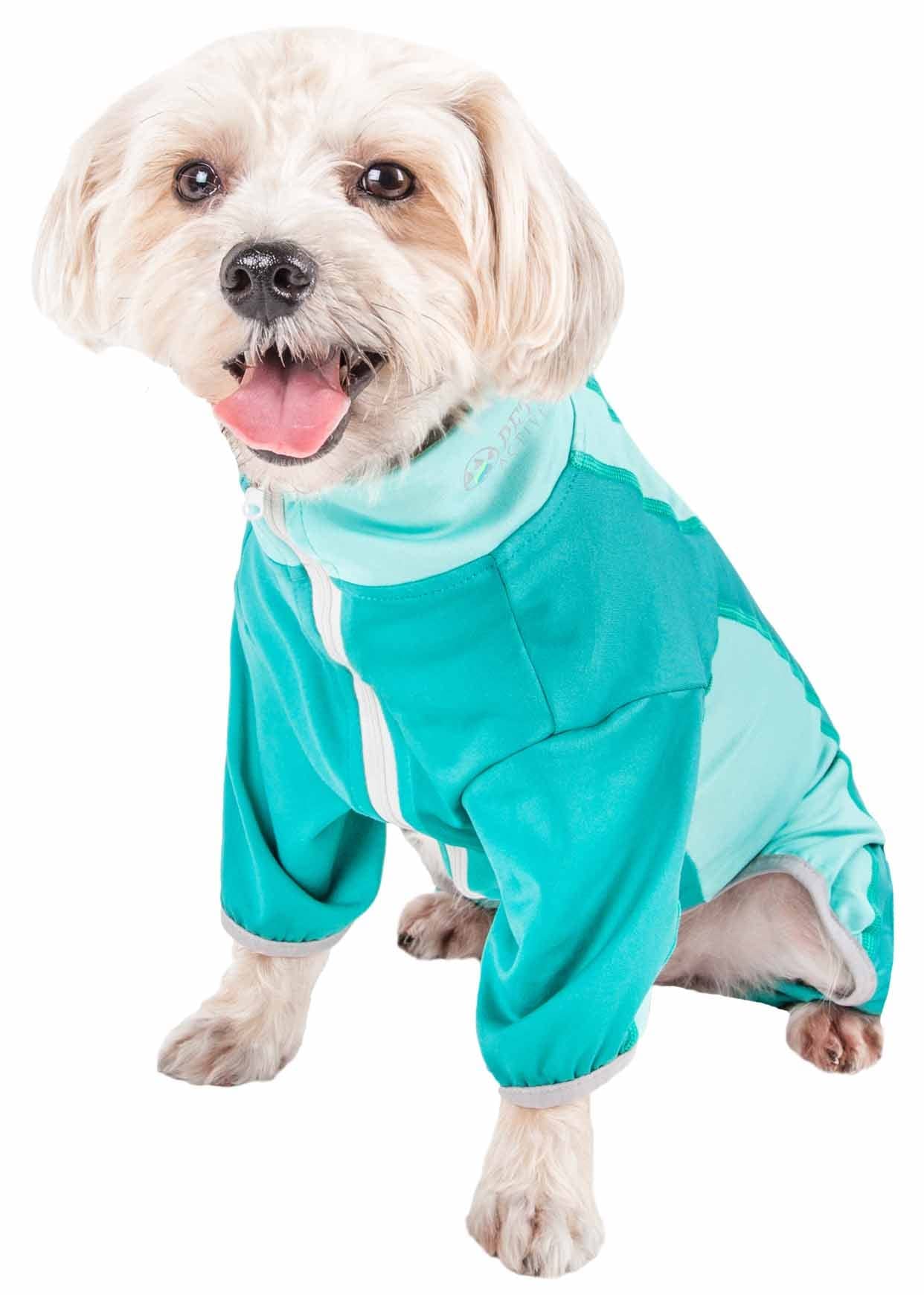 Pet Life Active Warm-Pup Heathered Performance 4-Way Stretch Two-Toned Full Body Warm Up Small Green