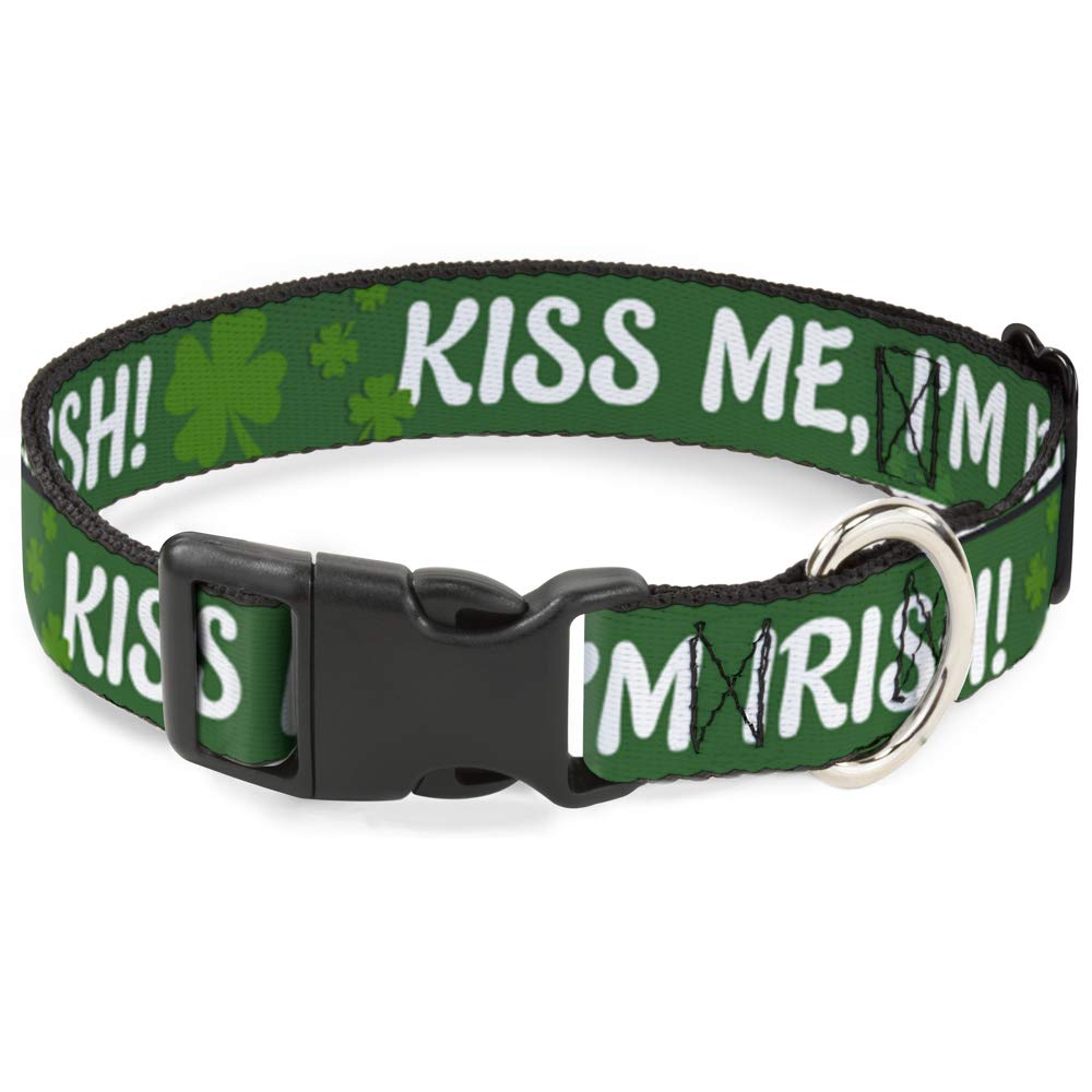 Buckle-Down 9-15' Kiss Me, I'M Irish! Clovers Green/White Plastic Clip Collar, Small