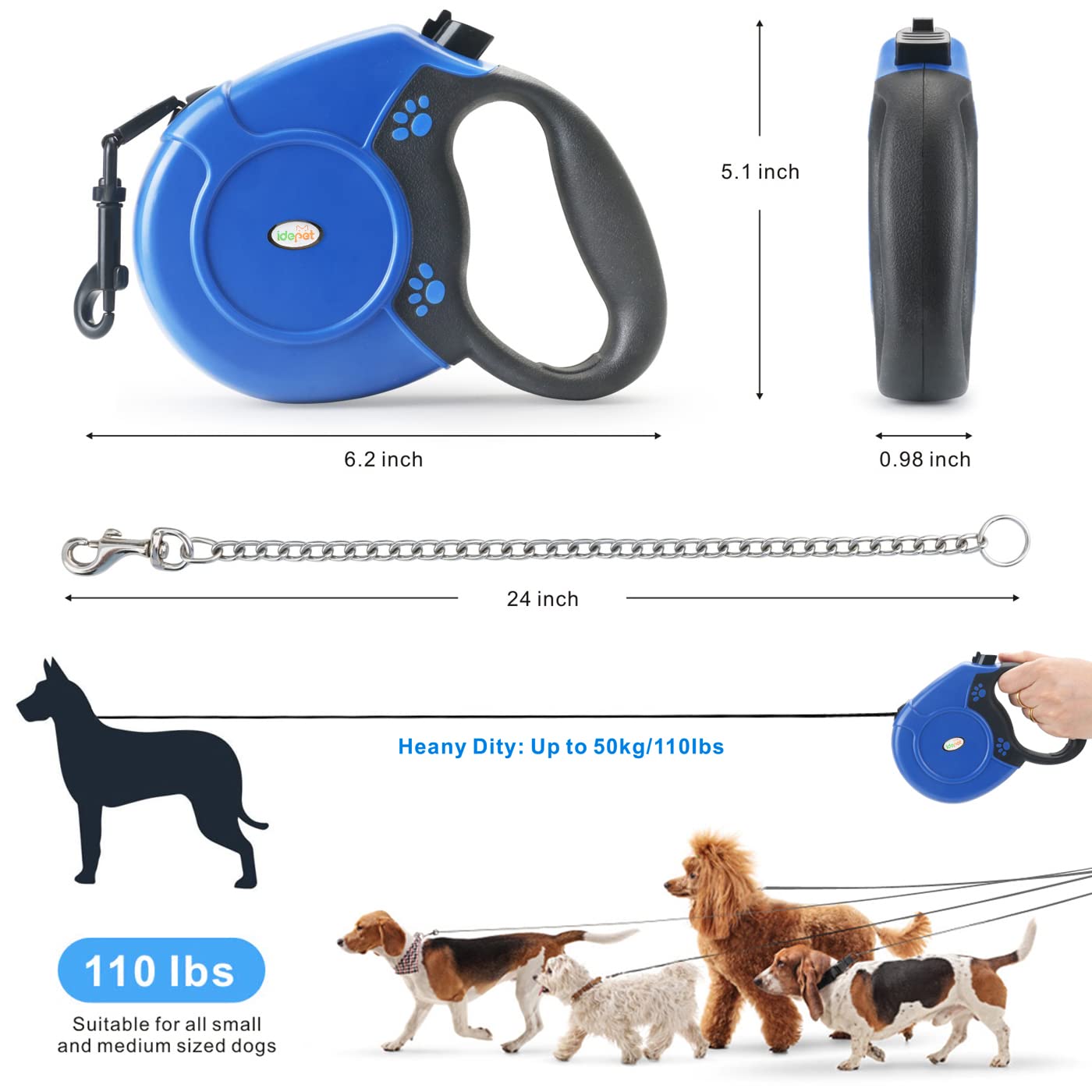 Idepet Heavy Duty Retractable Dog Leash For Small And Medium Dogs, Anti-Chewing Steel Chain 360 Degree Tangle-Free,Break And Lock System,16Ft Leash For Dog Walking (Blue, Flat Rope)