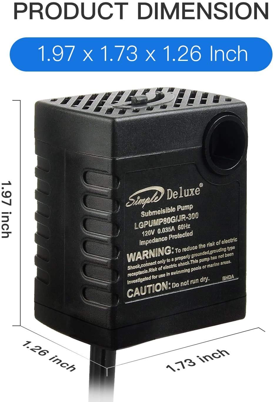 Simple Deluxe 80 GPH Submersible Pump with Adjustable Intake & 6 Waterproof Cord for Hydroponics, Aquaponics, Fountains, Ponds,