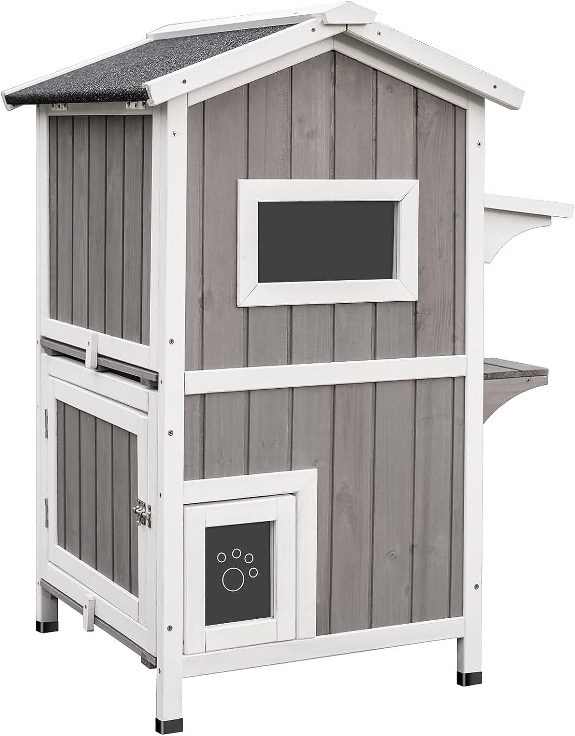 Petscosset Outdoor Cat Shelter Weatherproof, Two Story Wooden Outside Feral Cat House With Openable Roof, Escape Door