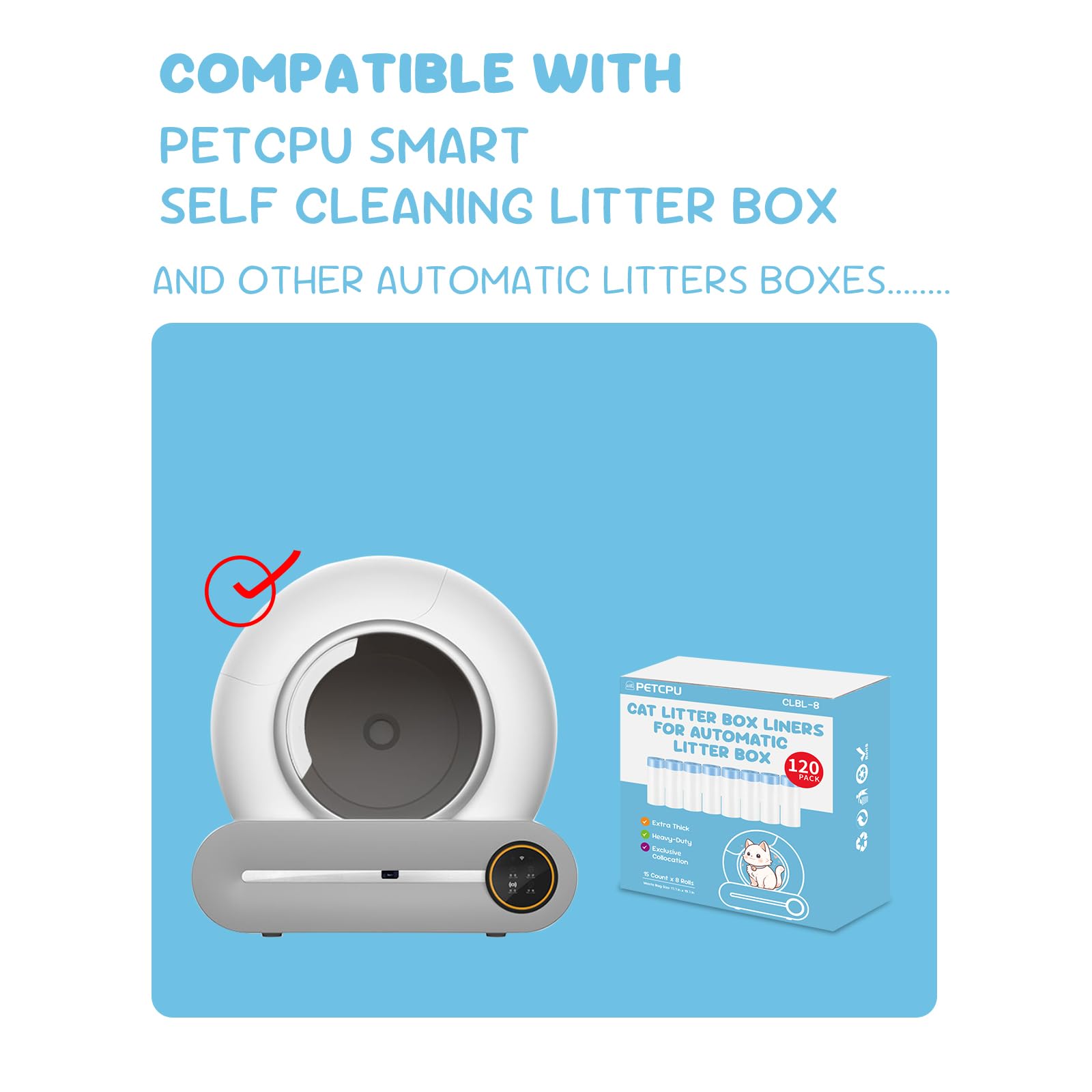 120 Count Cat Litter Box Liners For Self-Cleaning Cat Litter Box, Replacement Kitty Litter Liners, 8 Rolls Drawstring Trash Bags