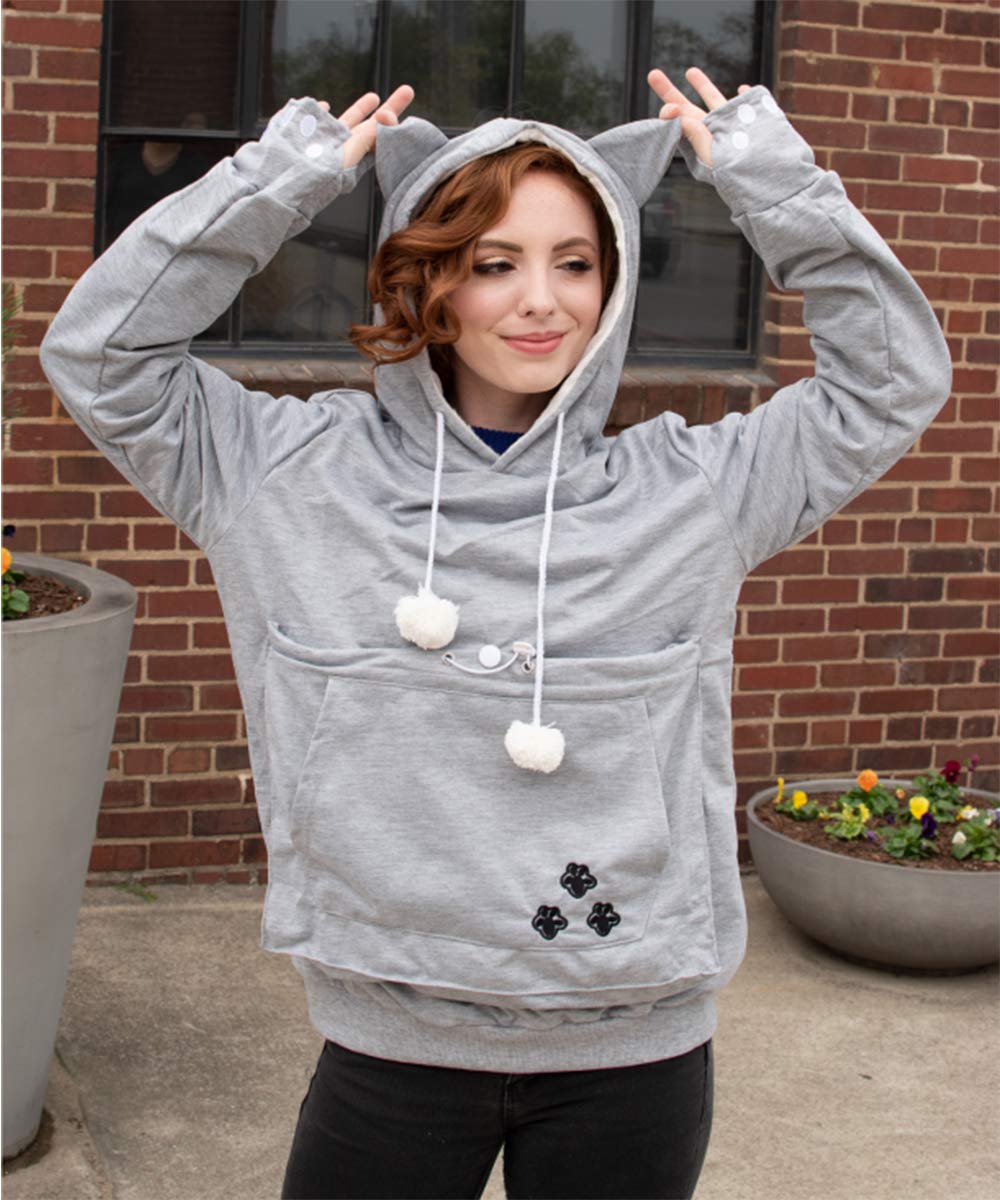 Alyc Unisex Hoodies Pet Holder Cat Dog Large Pouch Carriers Pullover With Cat Printing Sweatshirt (Light Grey- Classic Version,
