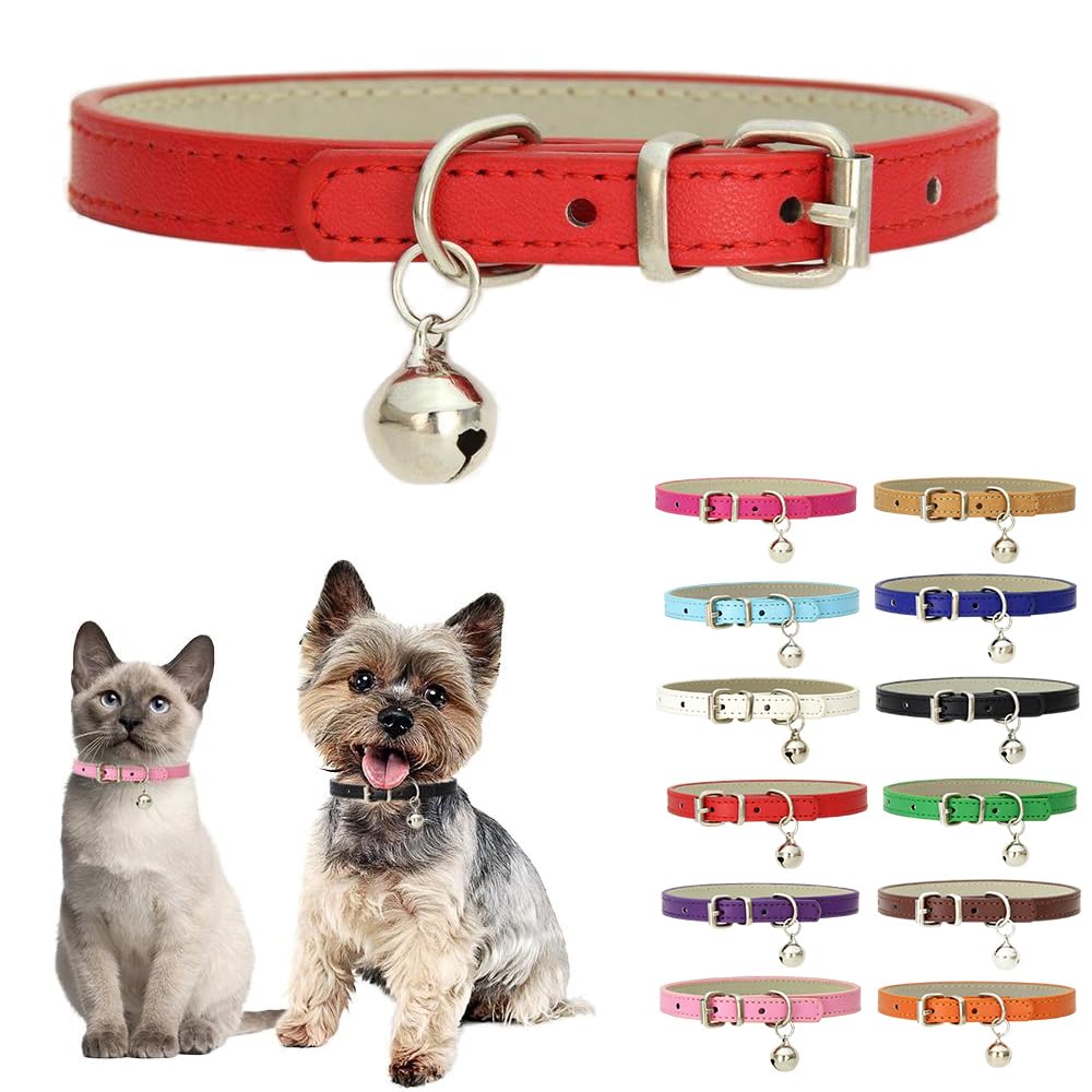 Red Xxs Dog Collar With Bell,Soft Pu Leather Female Puppy Collar With Bells Basic Girls Cat Collar With Bells For Xxs Xsmall Sma
