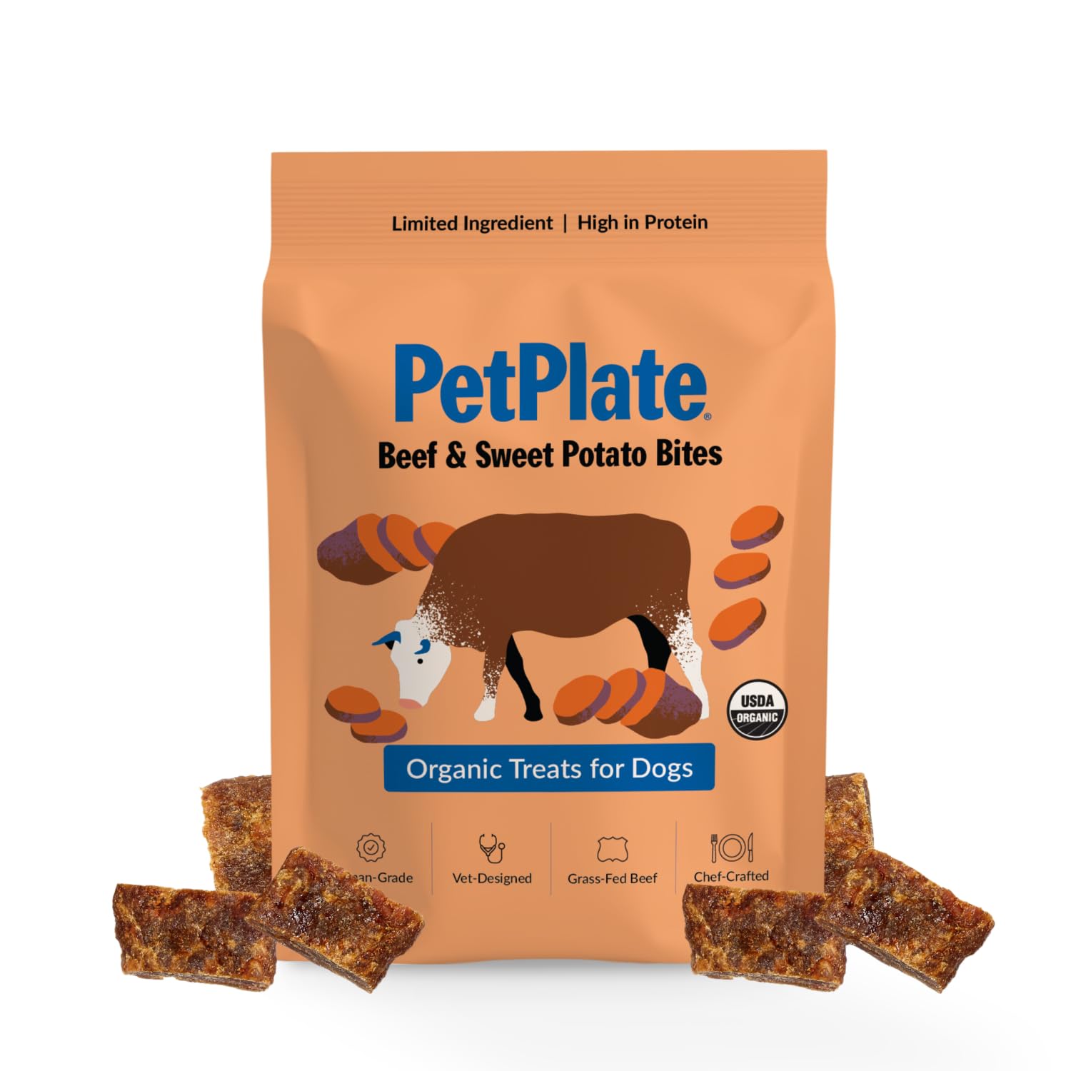 PetPlate Beef and Sweet Potato Bites, Human Grade Dog Treats, All Life Stages, Grain-Free, Organic and Real Ingredients, High Pr