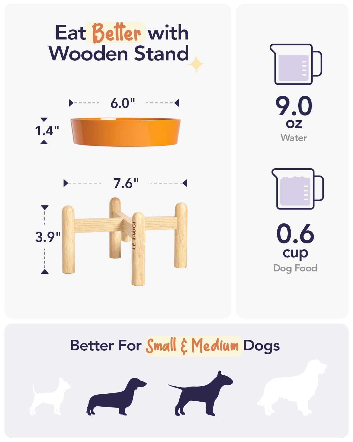 LE TAUCI Ceramic Slow Feed Dog Bowls, Elevated, Anti-Gulping, Non-Slip, 6 inch, Orange