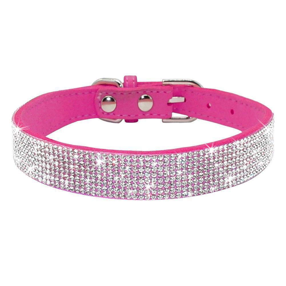 Haoyueer Rhinestone Dog Collar, Cute Dazzling Sparkling Soft Suede Leather Dog Cat Rhinestone Collar Crystal Diamond Pet Dog Puppy Collar(Hot Pink,Xxs 15.5 - 21 Cm)