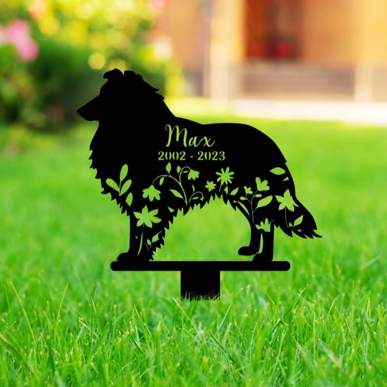 Personalized Dog Memorial Sign Floral Shetland Sheepdog 12X12 Metal Yard Stakes Sheltie Grave Marker Cemetery Decor Dog Loss Gif