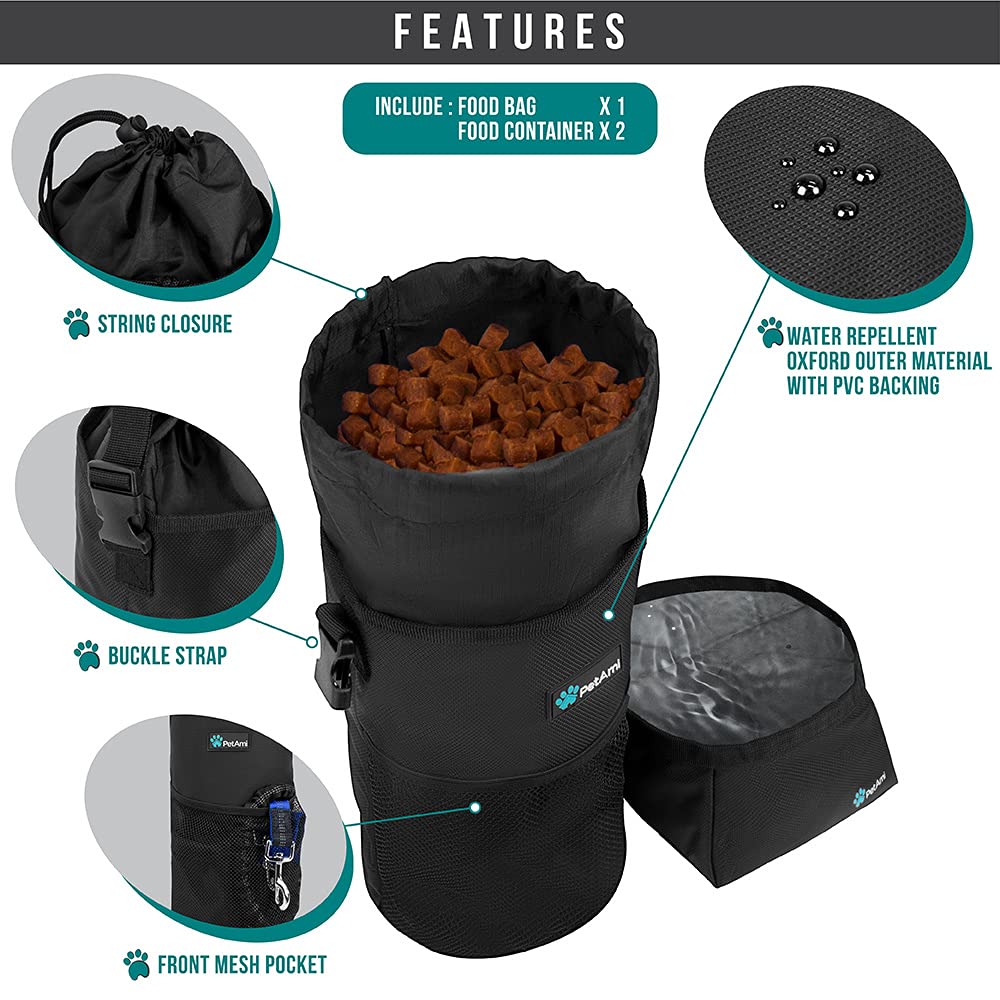 PetAmi Dog Food Travel Bag | Kibble Carrier for Dogs with Collapsible Dog Water Bowls Kit | Pet Food Travel Container Storage fo