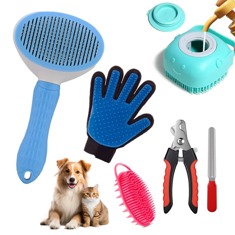 BohoBark Pet Grooming Kit | Dog Cat Grooming Tools Nail Clipper, Bathing Glove, Silicone Shampoo Dispenser & Slicker Brush | Hai