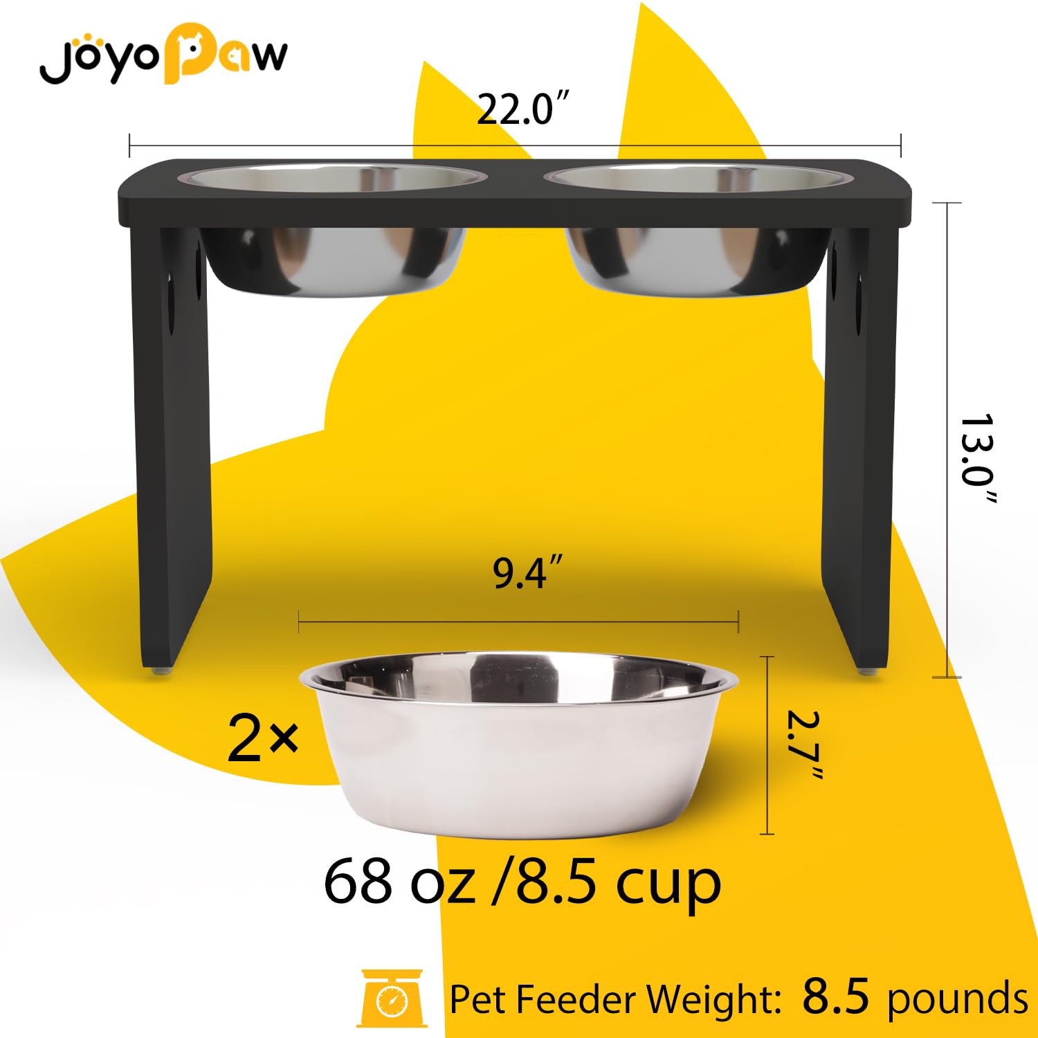 Elevated Dog Bowls, Bamboo Raised Dog Bowl For Large Dogs, With 2 Stainless Steel Bowls (13'' Tall-68Oz Bowl, Black)