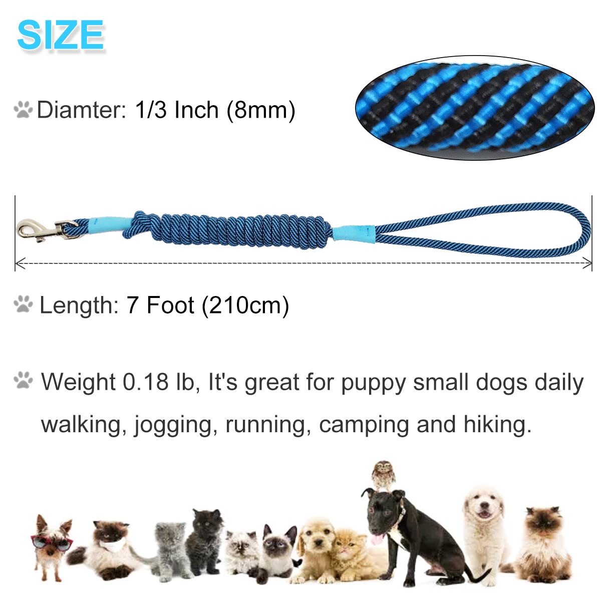 Boswany Small Dog Leash 7Ft, Lightweight Nylon Rope Leash For Puppy Pets, Cats, Small Animals Medium Dogs Walking, Blue