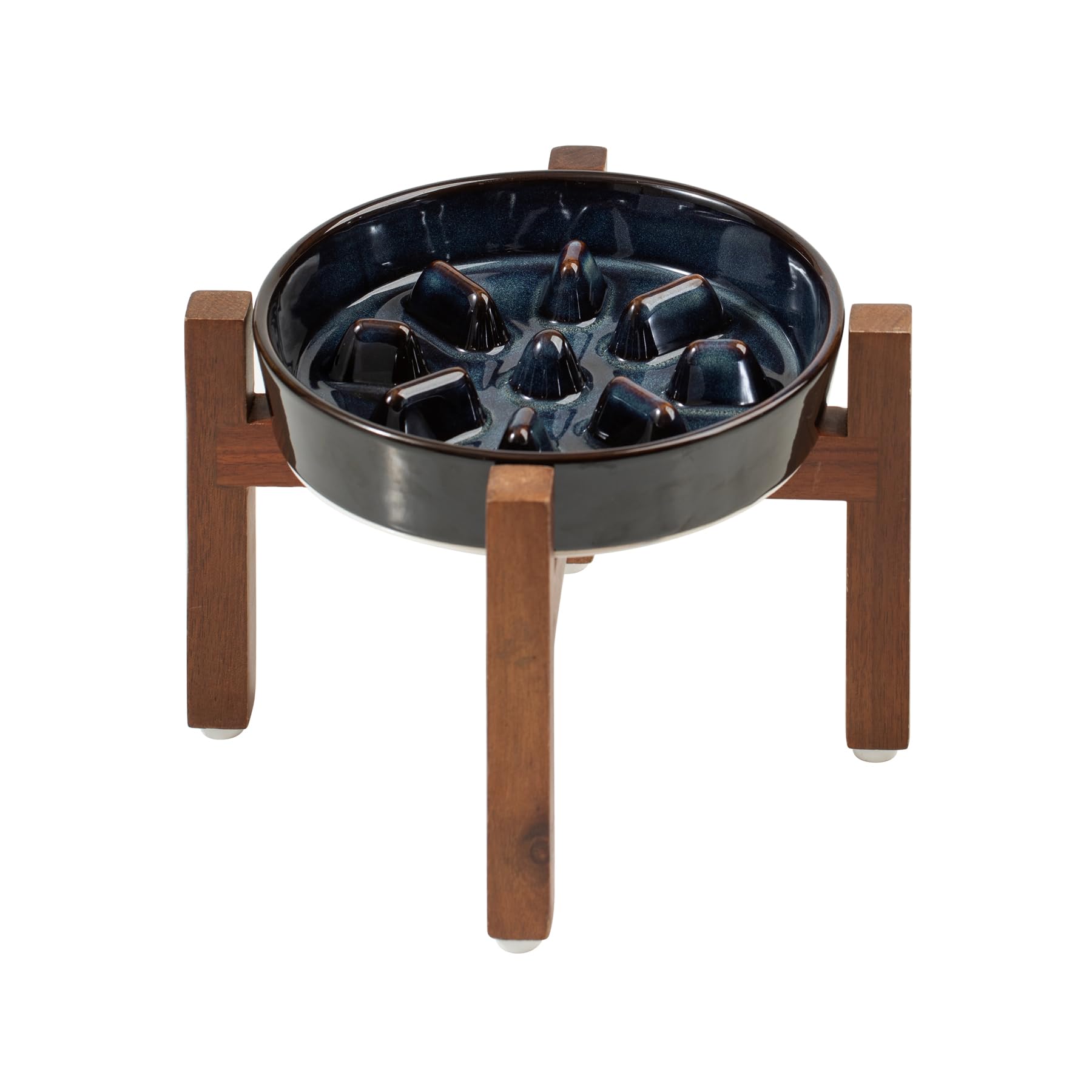 Havniva Ceramic 1.2 Cup Raised Slow Feeder Dog Bowl Set, Elevated Acacia Wood Stand for Medium and Small Dog, 7.3inch Slow Dish,