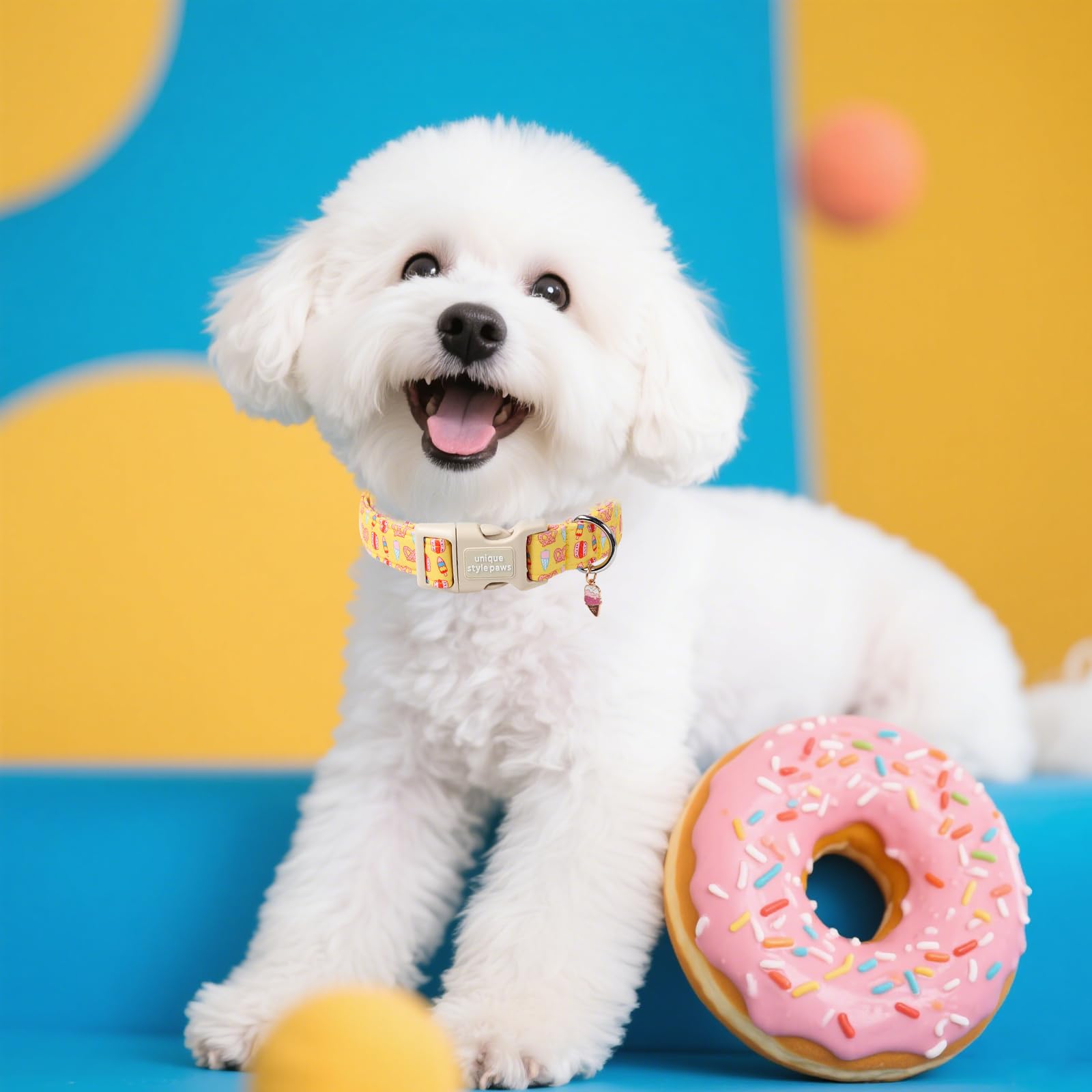 Unique Style Paws Summer Dog Collar,Yellow Dog Collars With Hamburg,Icecream,Bread Pattern,Adjustable Puppy Collar For Small,Med
