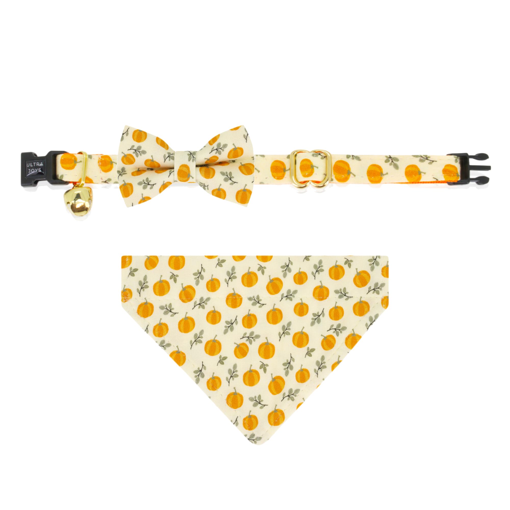 Ultra Joys Cat Collar - Breakaway With Bells, Bandana & Bowtie - Pumpkin Large