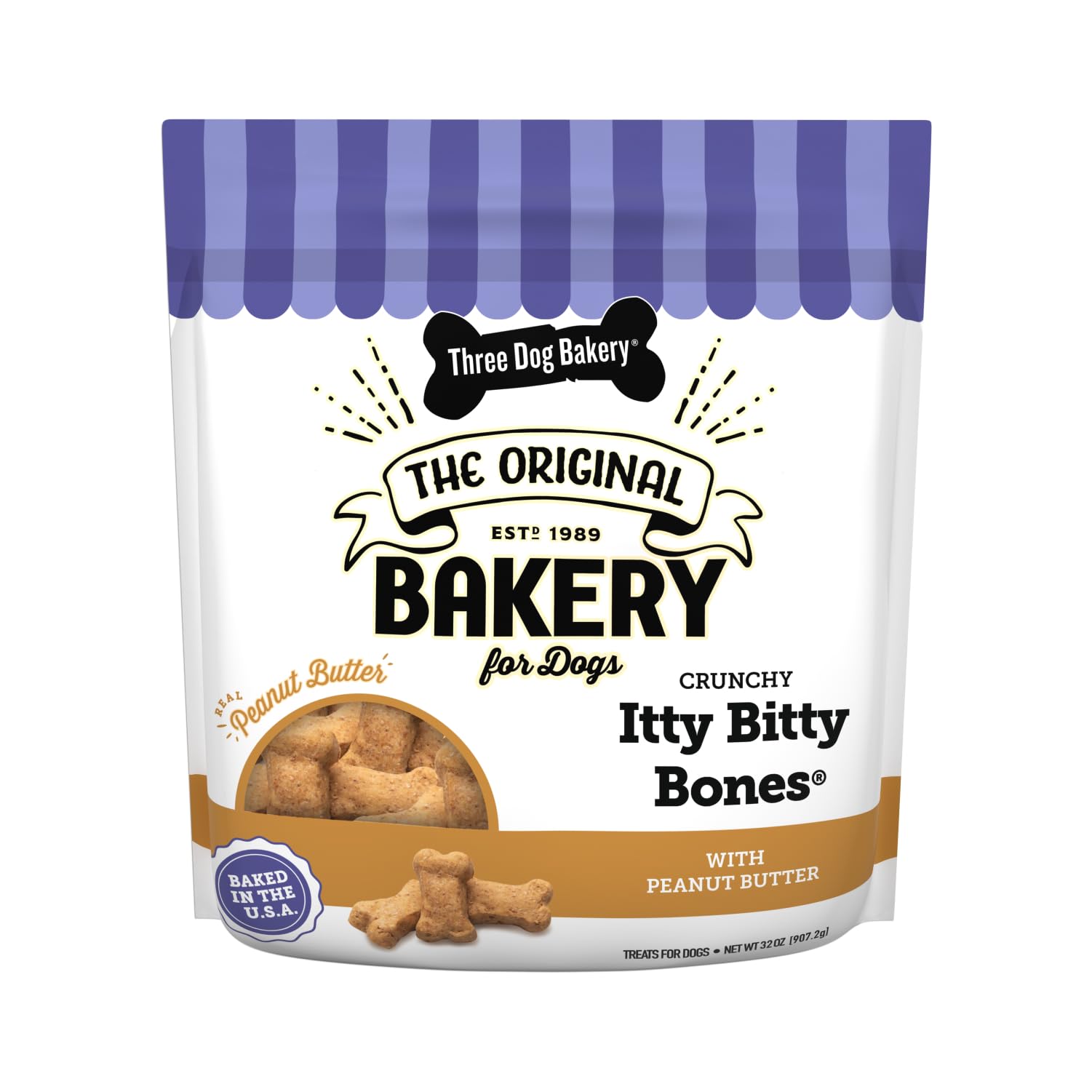 Three Dog Bakery Itty Bitty Bones Baked Dog Treats, Peanut Butter, 32 oz, (320123)