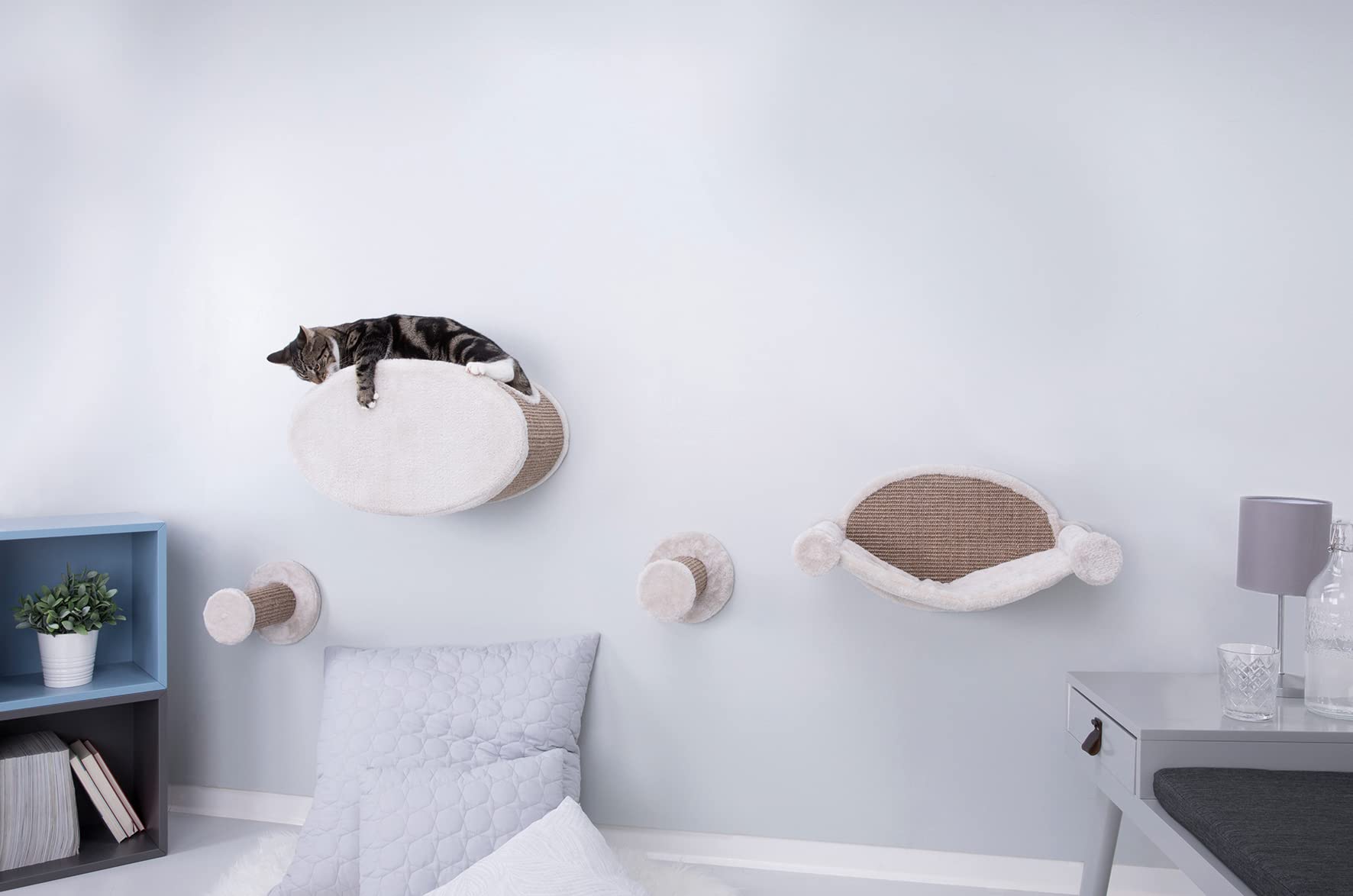 Trixie Wall Mounted Cat Lounge Set, Hammock And Condo With Two Steps, Cat Furniture, Scratching Post, Brown