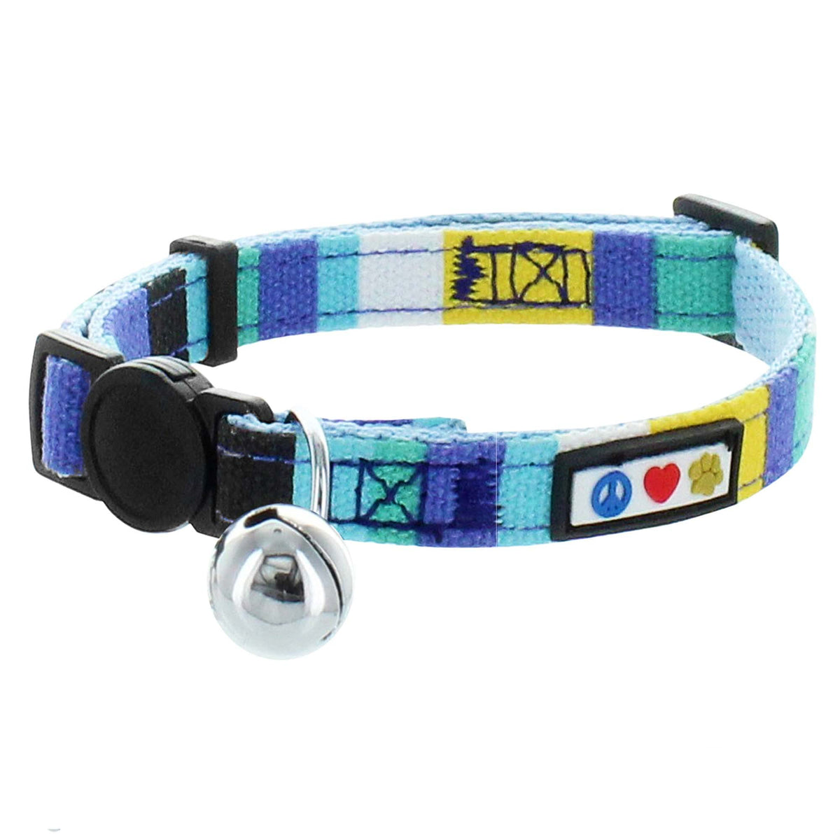 Pawtitas Pet Multicolor Cat Collar With Safety Buckle And Removable Bell Cat Collar Kitten Collar Blue/White/Yellow/Teal Cat Collar