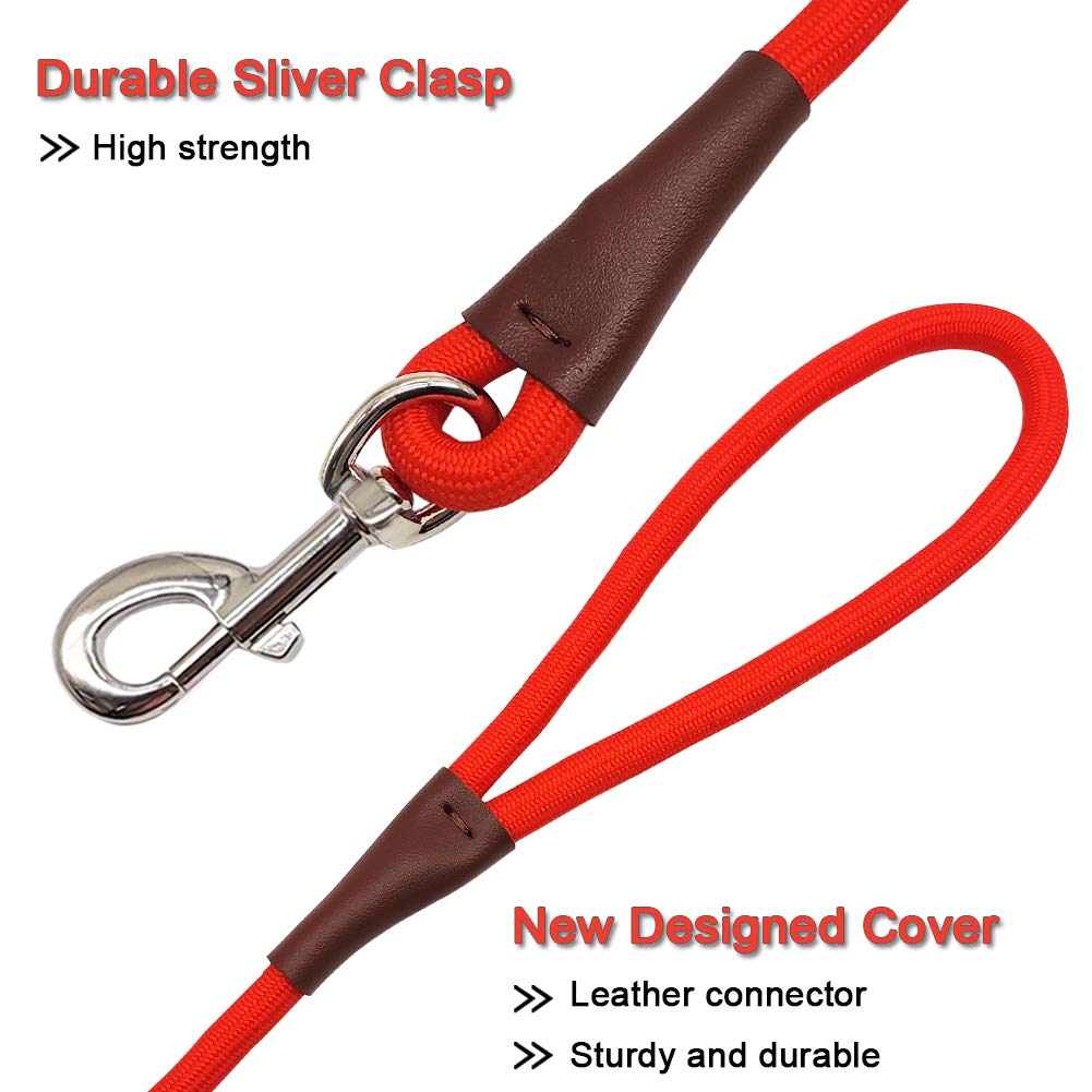 Maypaw 4Ft/6Ft/8Ft/10Ft Dog Leash, Classic Solid Colors, Durable Mountain Climbing Rope Dog Leash Reinforced With Leather Tailor Connection Heavy Duty Silver Clasp, Red Dog Leash