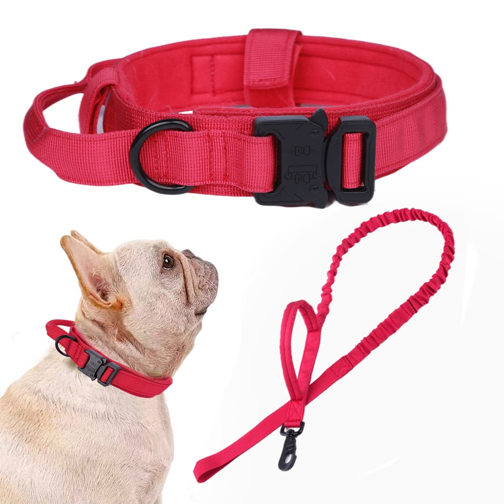 Tactical Dog Collar And Leash Set Tactical Dog Collar With Handle Bungee Leash Adjustable Military Training Nylon Collar Dog Training Collar Leash Set With Control Handleand Metal Buckle(Red S