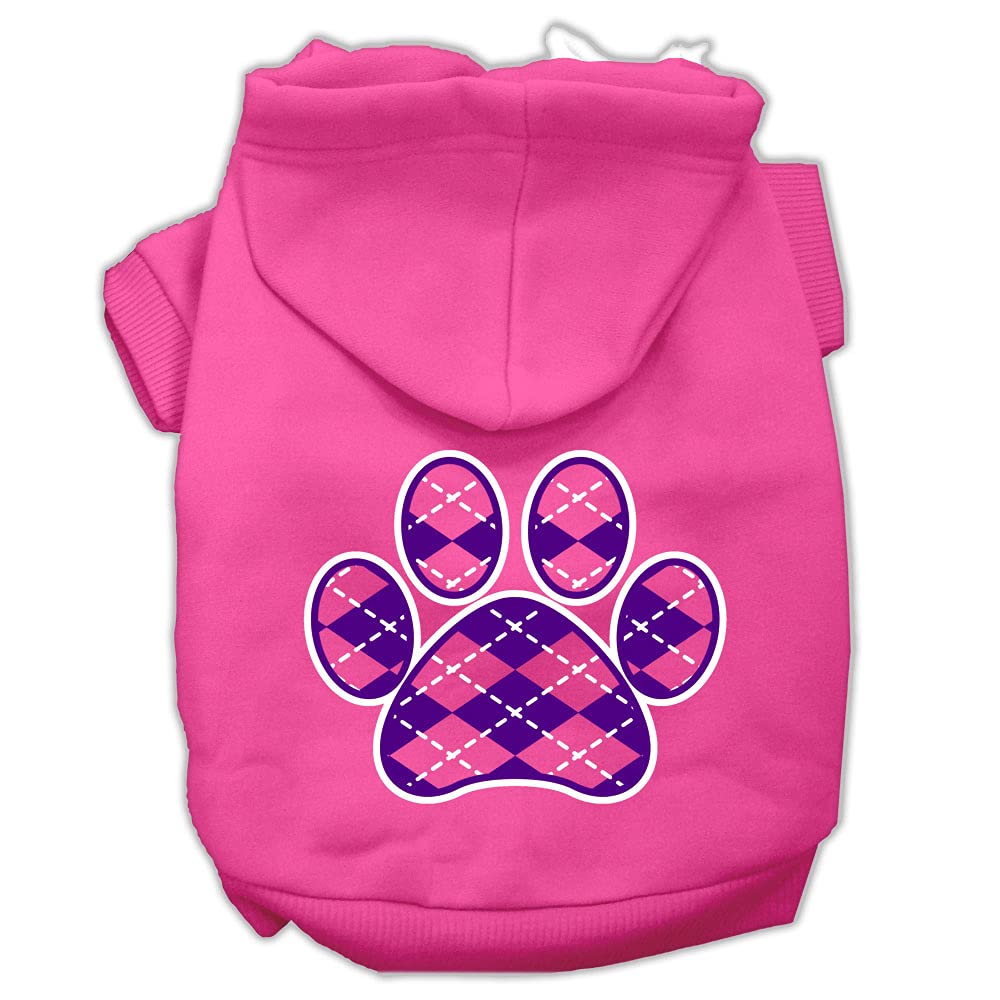 Pet Dog & Cat Hoodie Screen Printed, 'Purple Argyle Paw' Bright Pink Md (6-10 Lbs.)