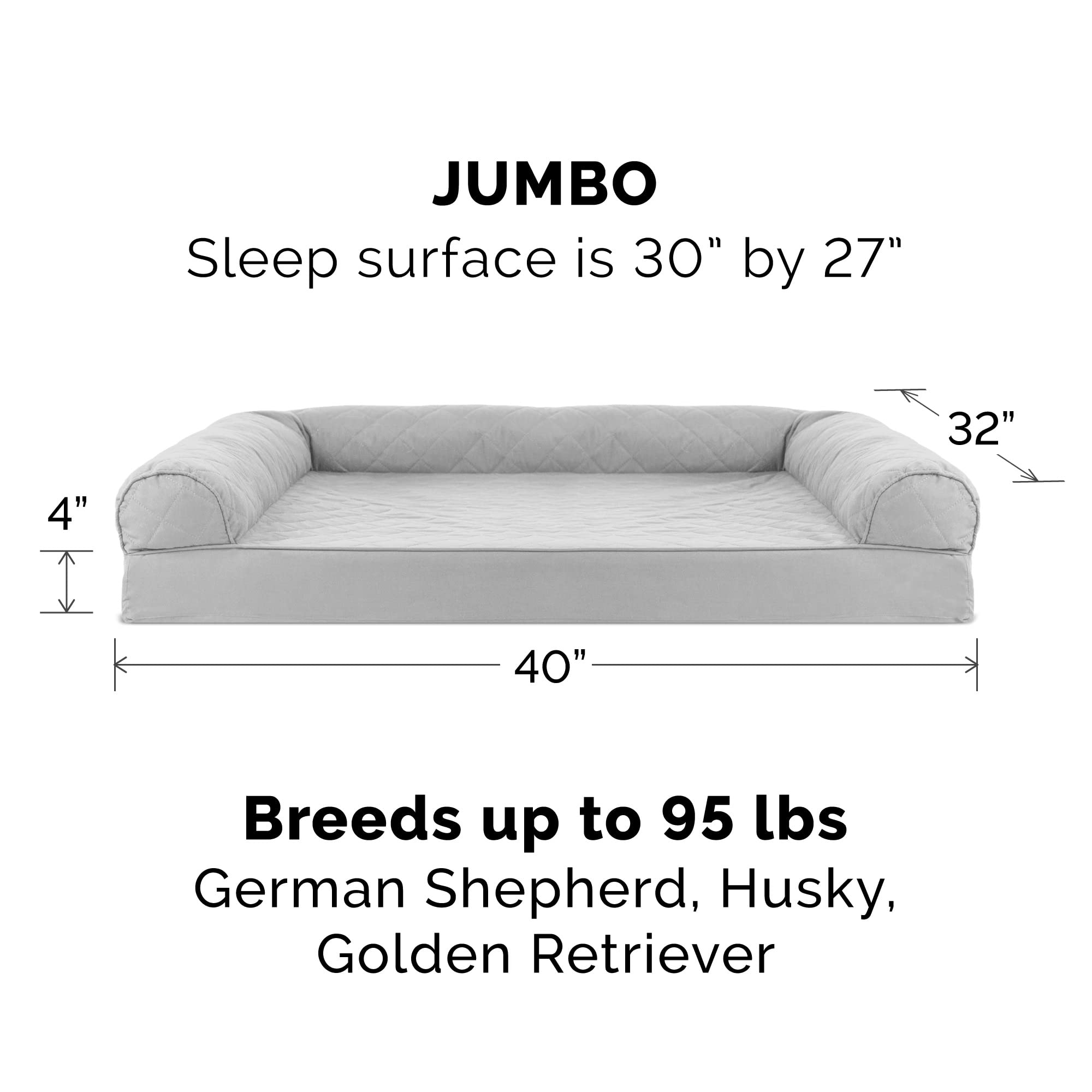 Furhaven Orthopedic Dog Bed For Large Dogs W/ Removable Bolsters & Washable Cover, For Dogs Up To 95 Lbs - Quilted Sofa - Silver Gray, Jumbo/Xl
