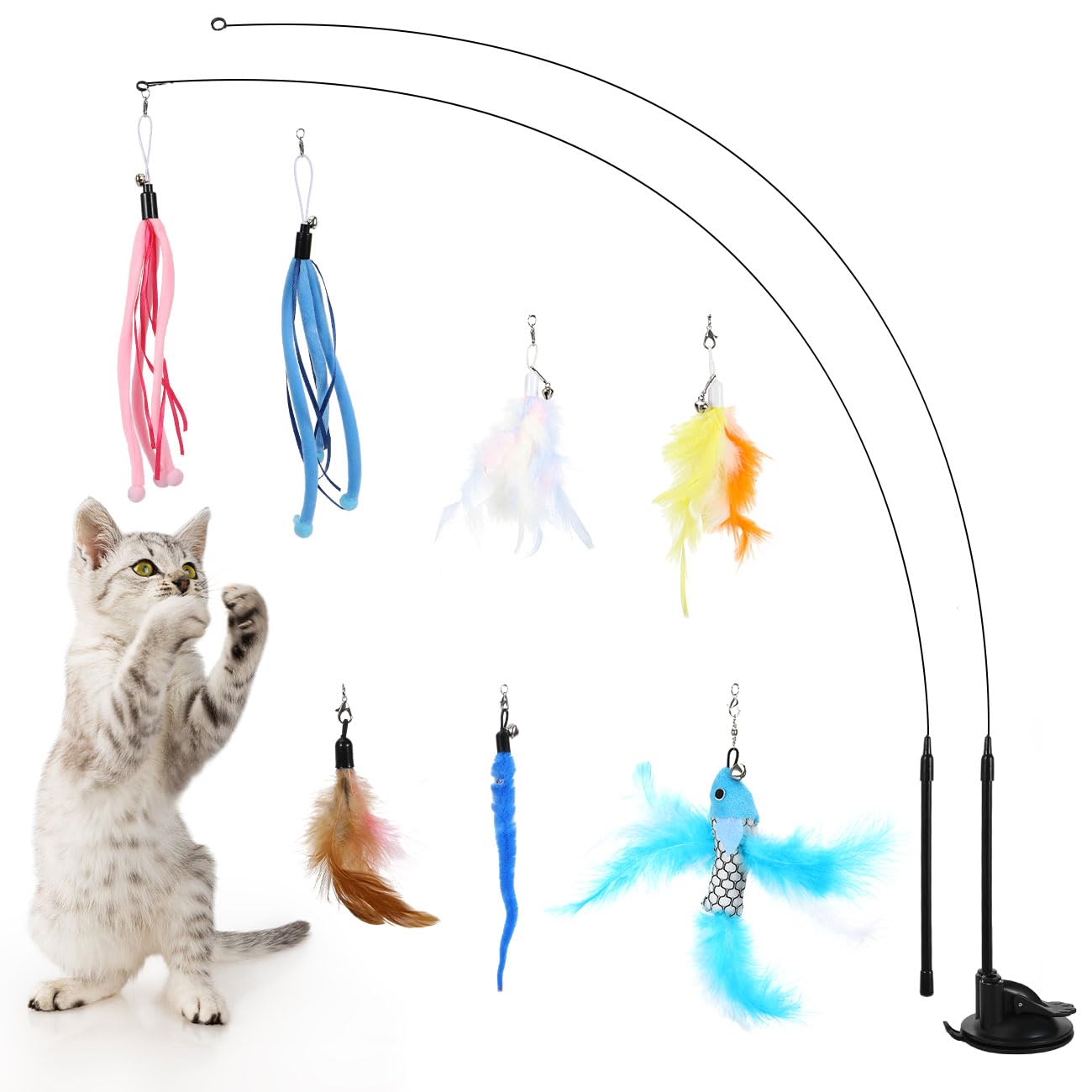 Pawaboo Cat Feather Toys, Interactive Cat Wand Toy With 2-Slot Super Suction Cup, Detachable 2 Pcs Spring Cat Wand & 7 Pcs Cat T