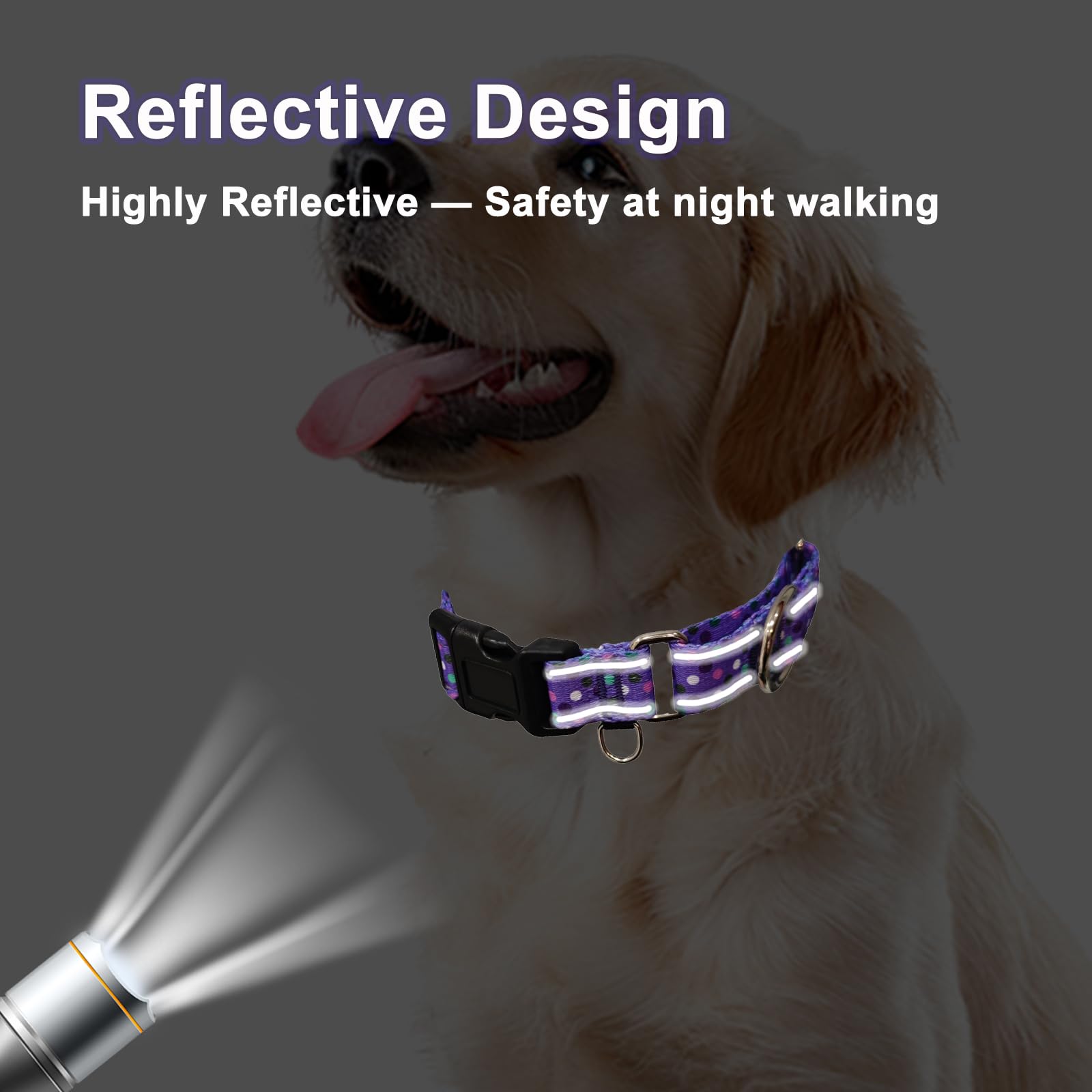 Fidohug Reflective Martingale Collar For Dogs With Quick Release Buckle Cute No Pull Training Dog Collars (Purple Polka Dot, Med