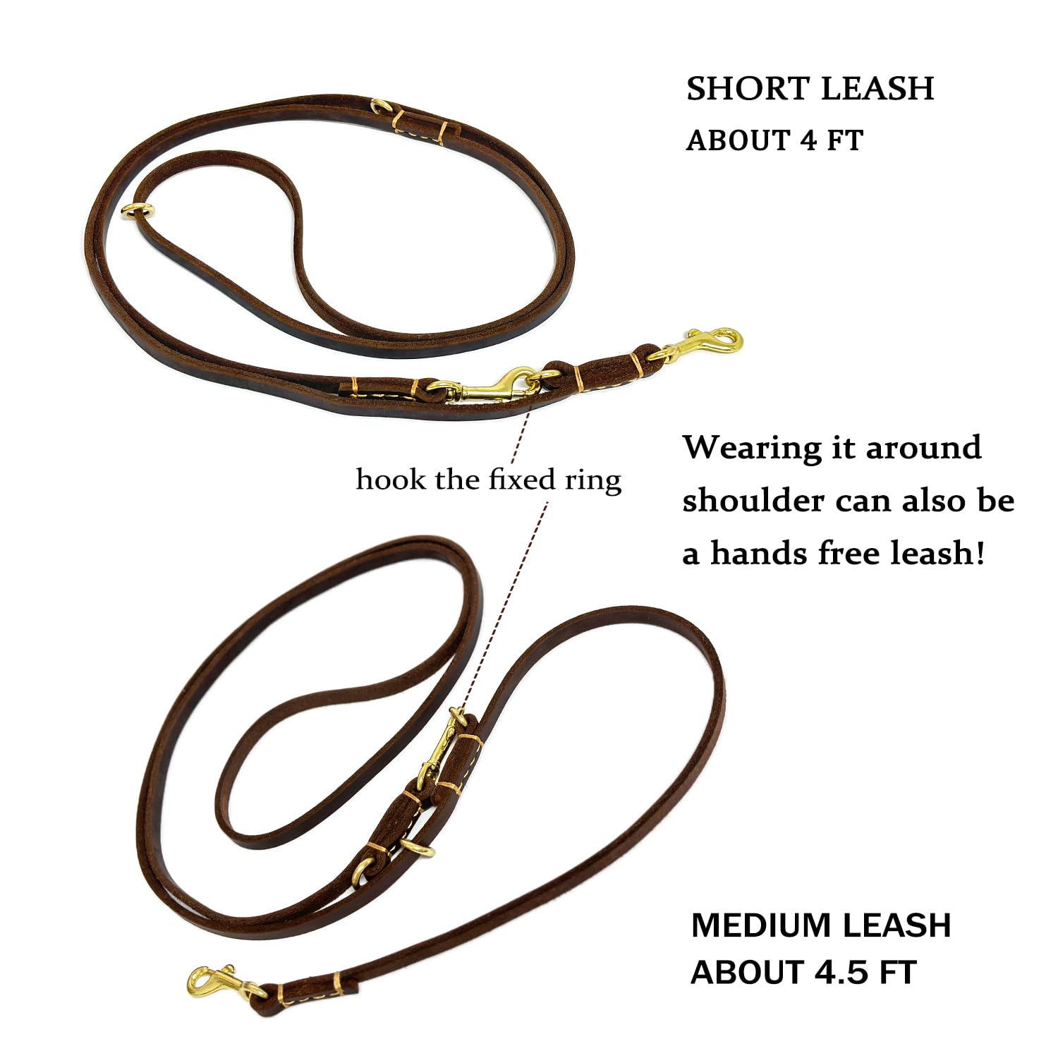 Multi Function 8ft Genuine Leather Hands Free Dog Training Leash for Puppy Small and Medium Dogs (8 Foot*3/8 inch, Brown)