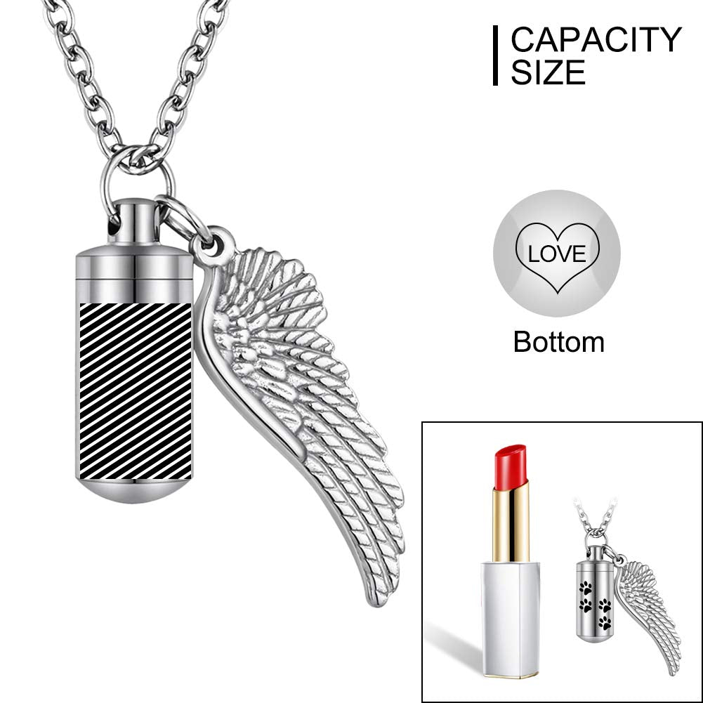 Abooxiu Cylinder Cremation Urn Necklace With Angel Wing And Pet Paw - Ashes Keepsake For Dog/Cat Memorial Jewelry