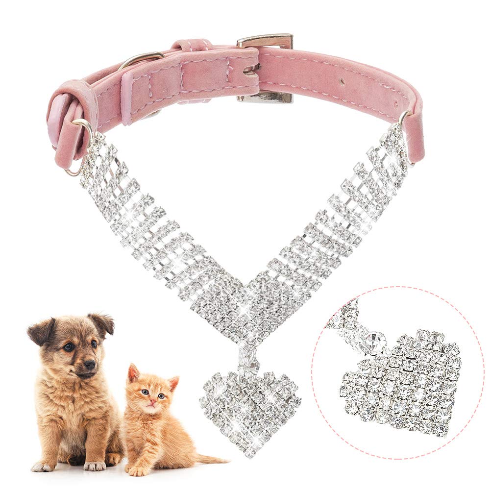 Expawlorer Cute Dog Necklace - Rhinestone Dog Collar, Soft Velvet Collar For Girl Boy Cats Dogs, Sparkling Pet Neck Decoration, Adjustable Pet Collar For Puppies Cats Small Medium Dogs, Pink Xs