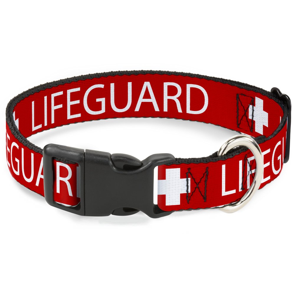 Buckle-Down Plastic Clip Collar - Lifeguard/Logo Red/White - 1.5' Wide - Fits 18-32' Neck - Large
