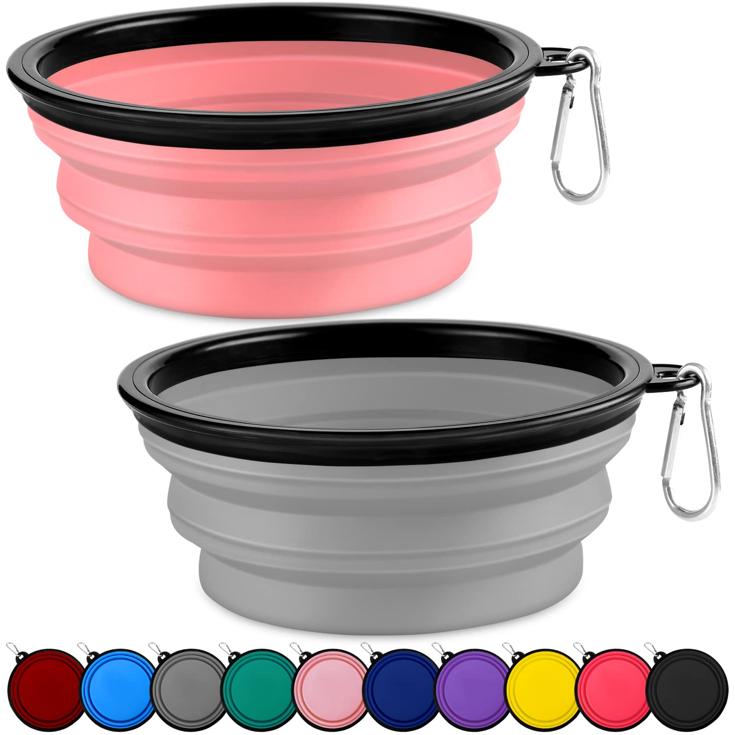 Collapsible Dog Bowls - 2 Pack Large Size For Large/Medium Dogs, Portable Travel Water Bowl With 2 Carabiners