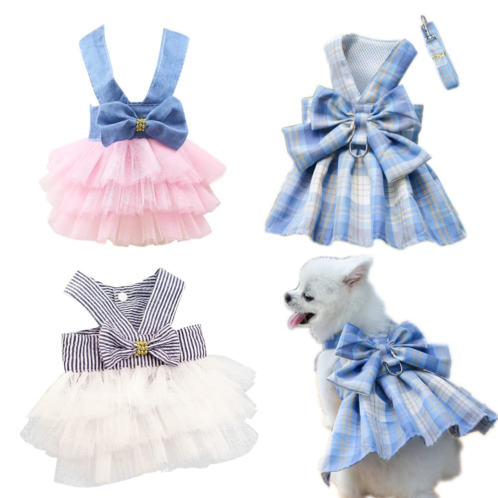 Clopon Girl Dog Clothes Cute Cat Clothes Medium Dogs Tutu Outside Harness Leash Set Party Costumes L