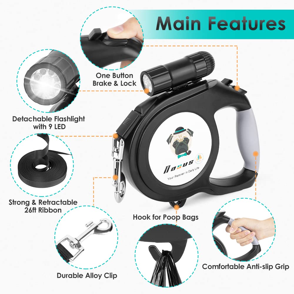 Nasus Retractable Dog Leash, 26Ft Pet Walking Leash With 9 Led Detachable Flashlight For Medium Large Dog Up To 100Lbs, With Hand Grip One Button Brake & Lock And Hook (Black-N)