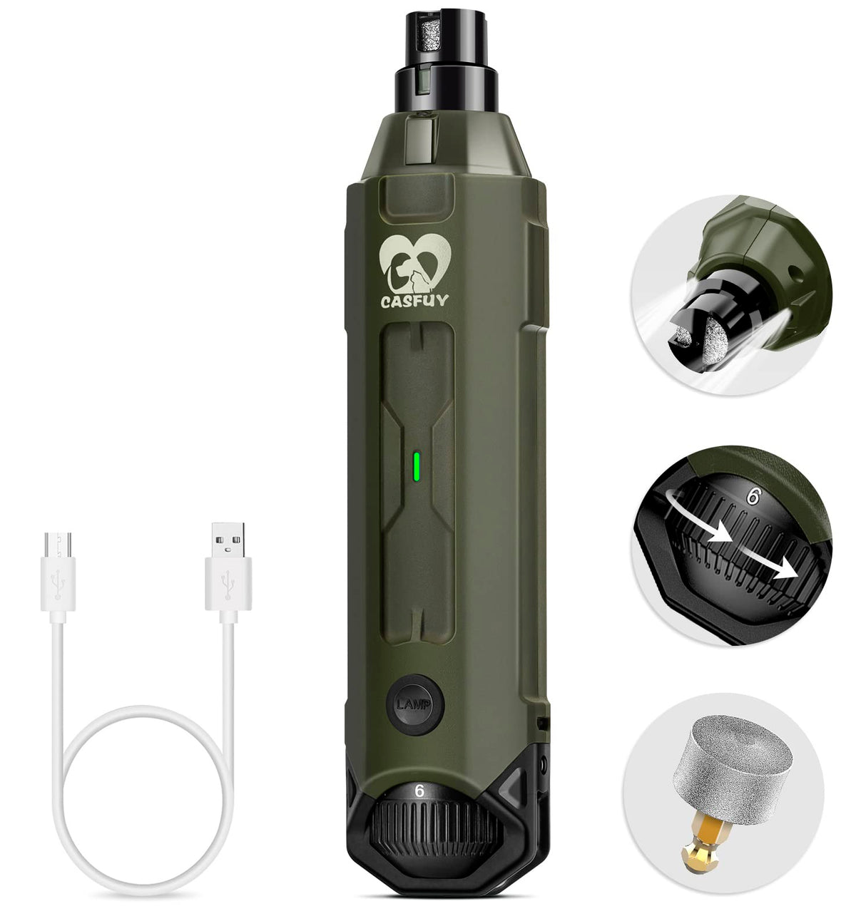 Casfuy 6-Speed Dog Nail Grinder - Newest Enhanced Pet Nail Grinder Super Quiet Rechargeable Electric Dog Nail Trimmer Painless Paws Grooming & Smoothing Tool For Large Medium Small Dogs (Army Green)