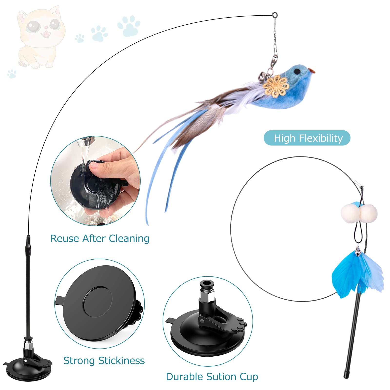 Hosfroll Cat Toys Wand, Interactive Cat Toy With Super Suction Cup Sticky Detachable 12 Pcs Feather Replacements 2 Wands Cat Spring Feather Toys For Indoor Cats Kitten Toys (4 Birds Replacements)