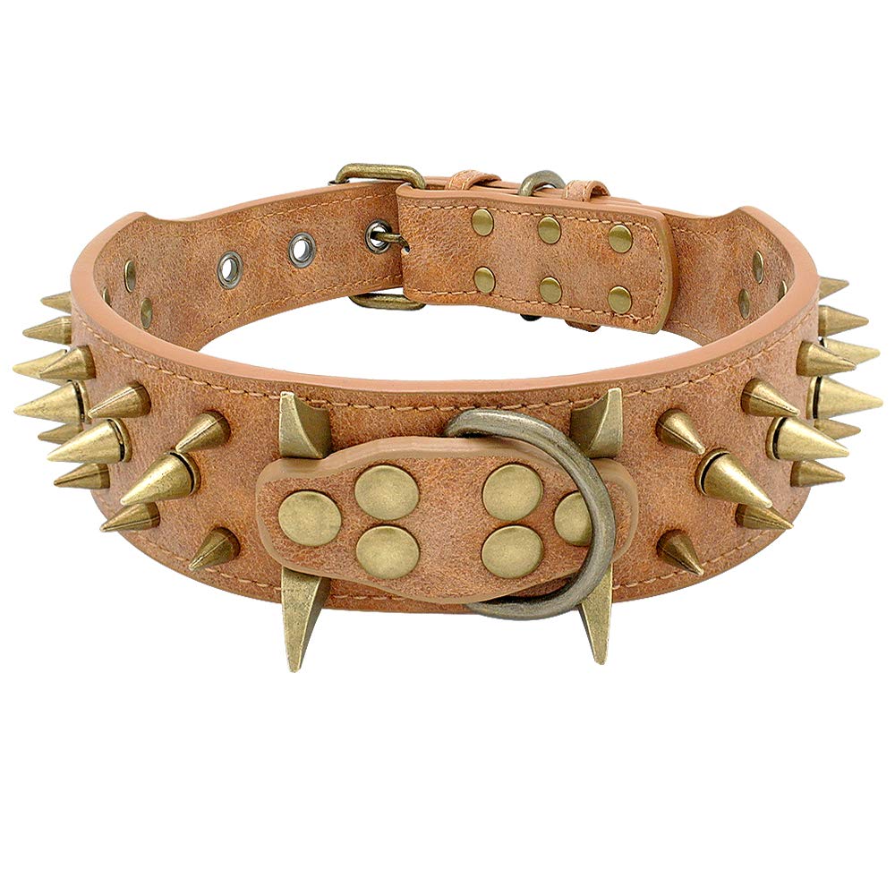 Berry Pet 2' Spiked Leather Dog Collar - Anti-Bite Sharp Rivet Studded For Pit Bull Medium Large Dogs,Brown Neck For 14-19' Total Length 21.5'