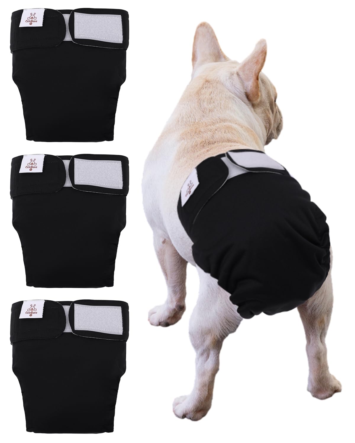 Cutebone Washable Dog Diapers Female No Tail Hole 3 Pack Reusable Doggie Period Training Pants For Docked-Tail Frenchie French Bulldog Boston Terrier Without Tail Wwd21M