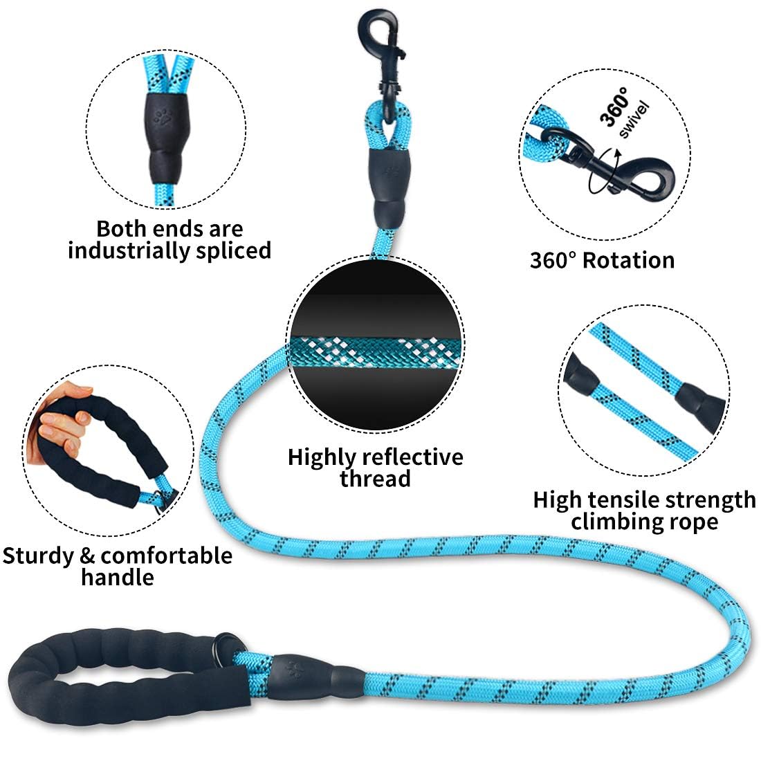 Doyoo 2 Pack Dog Leash 6 Ft Thick Durable Nylon Rope - Comfortable Padded Handle Reflective Rope Dog Leash For Medium Large Dogs