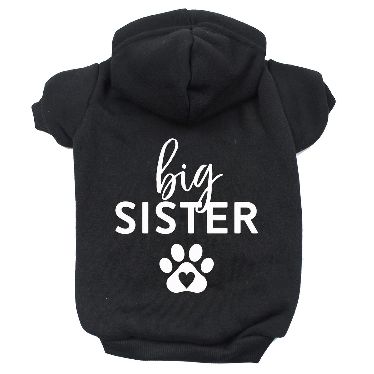 Big Sister Heart Paw Pullover Fleece Lined Dog Hoodie (Black Hooded Sweatshirt)