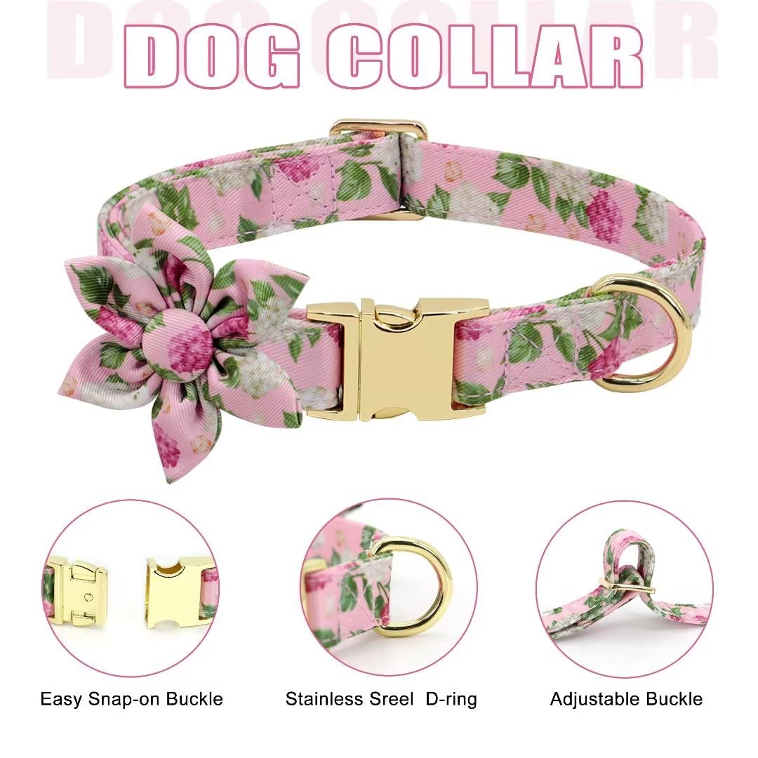 Beirui Cute Girl Dog Collars, Harnesses & Leashes Set - Adjustable Dog Collar And Leash Set With Flower - Soft Mesh Dog Vest Harness For Puppies Small Medium Dogs (Pink,M)