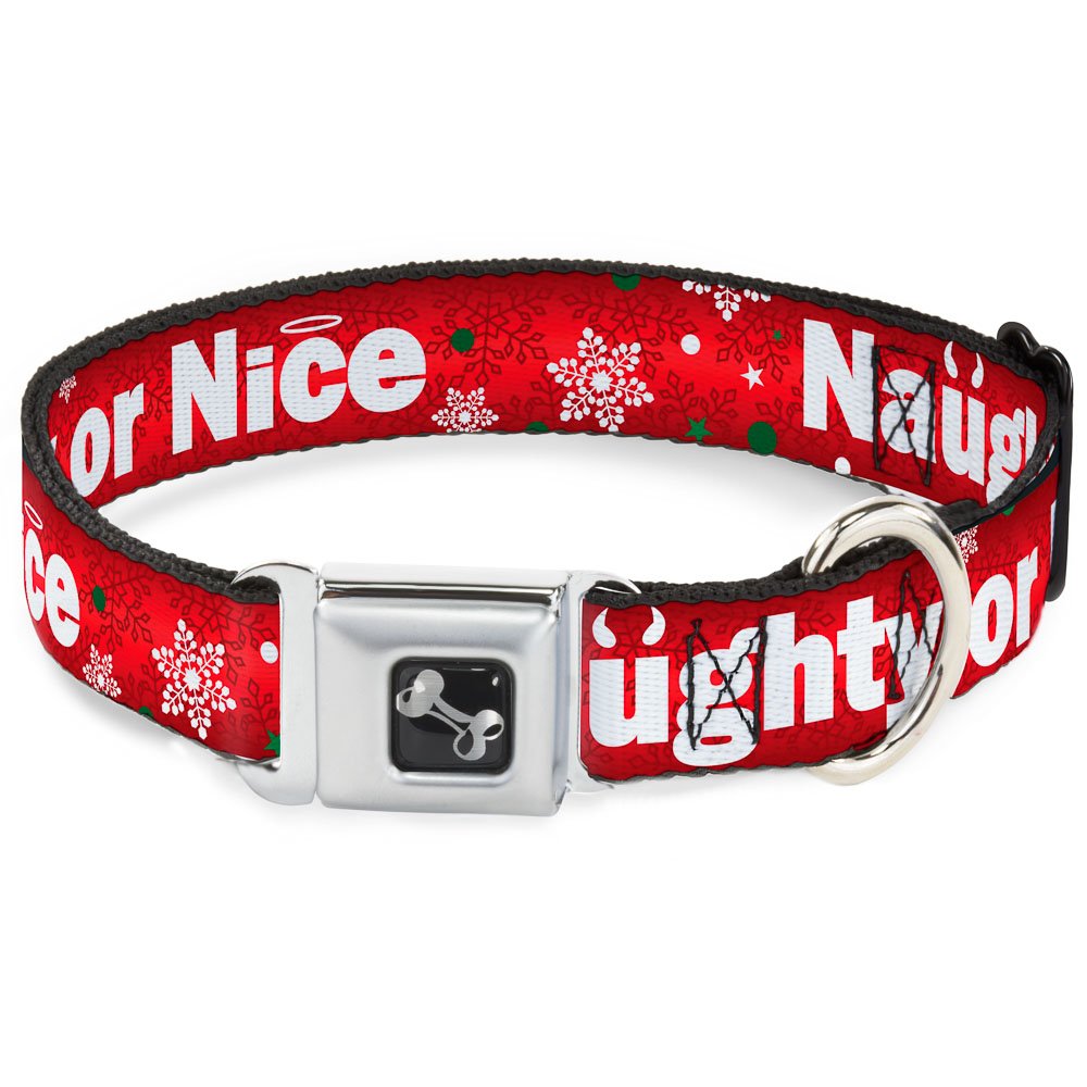 Buckle-Down 18-32' Christmas Naughty Or Nice/Snowflakes Reds/White/Green Dog Collar Bone, Wide Large